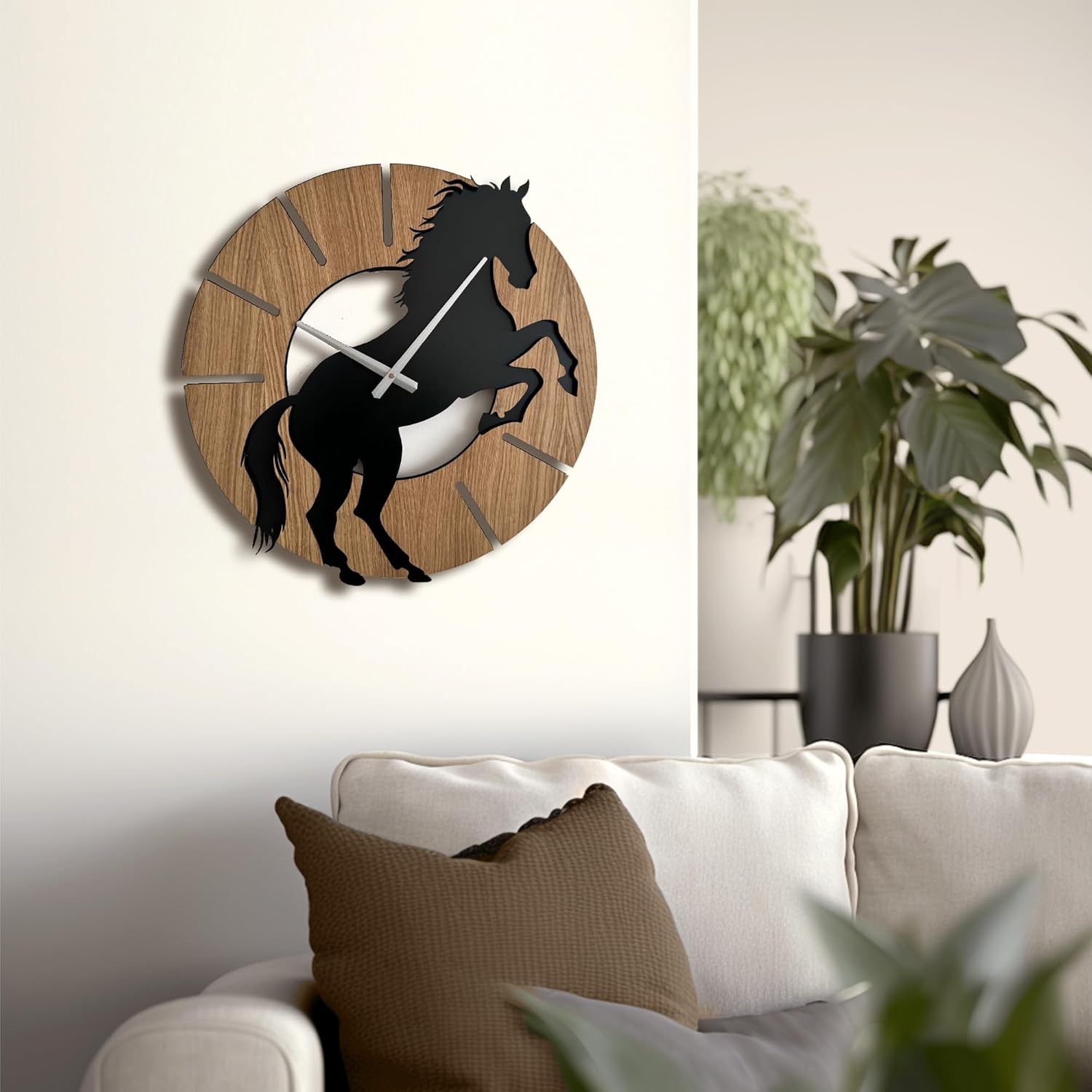 Horse Wall Clock, Large Wooden Battery Operated Modern Farmhouse Decor, Oak Veneer Wood Panel, Living Room Decor (The Prancing Horse)