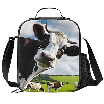 PrelerDIY 3d Cow Lunch Box - Insulated Lunch Box for Kids with Side Pocket & Shoulder Strap Lunch Bag, Perfect for School/Camping/Hiking/Picnic/Beach/Travel