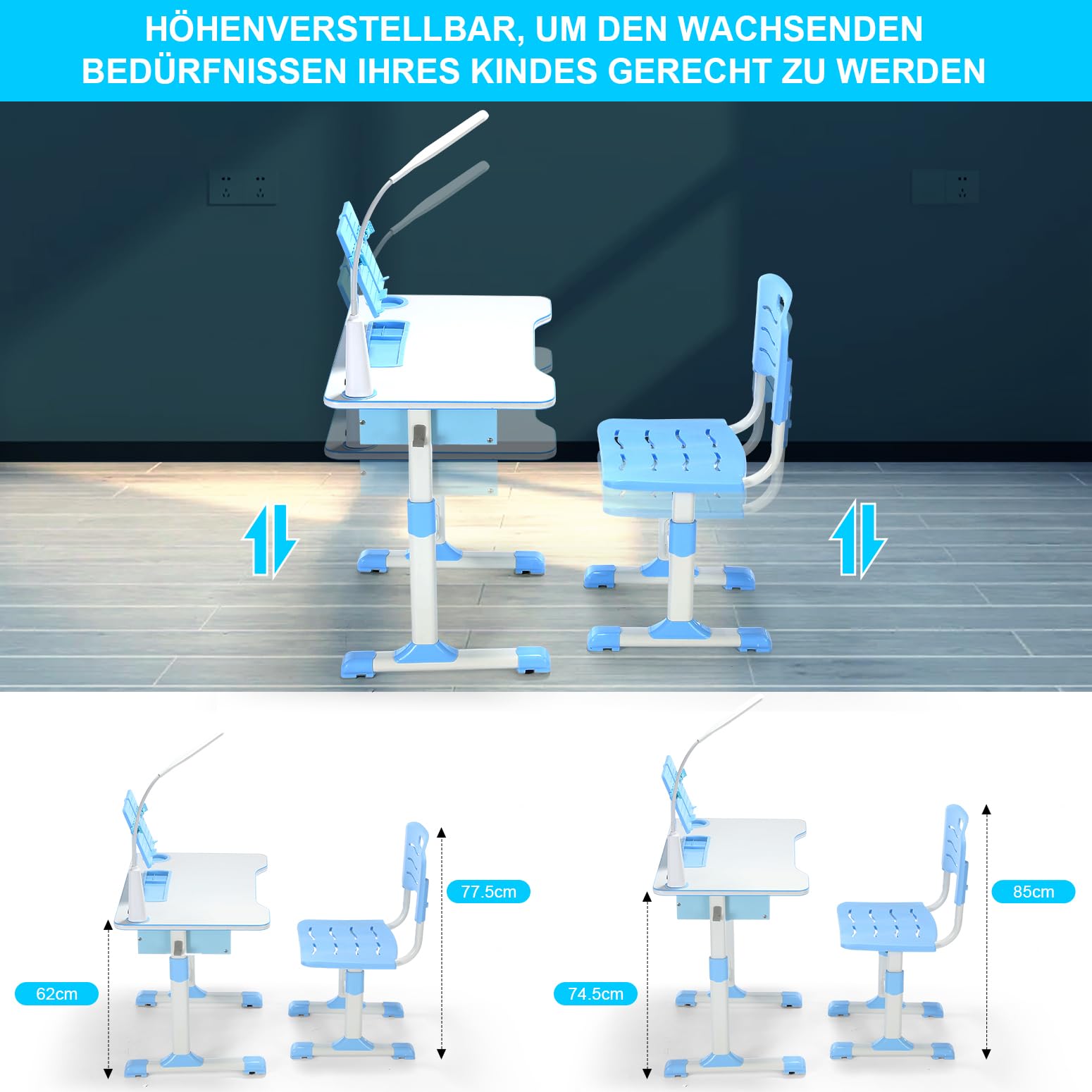 Kinderschreibtisch mit Stuhl Set, Schreibtisch Kinder mit Stuhl Höhenverstellbar 62-72cm + Helligkeitsregulierung LED für Kinder Schüler Jugendliche zum Lernen, Lesen, Malen，Blau