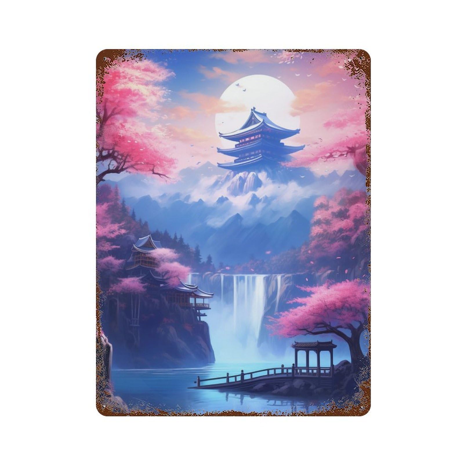 Cherry Blossom Serenity Landscape 15.7"x11.8" Distressed Metal Wall Sign, Shabby Chic Decor for Office, Studio And Wall Decor