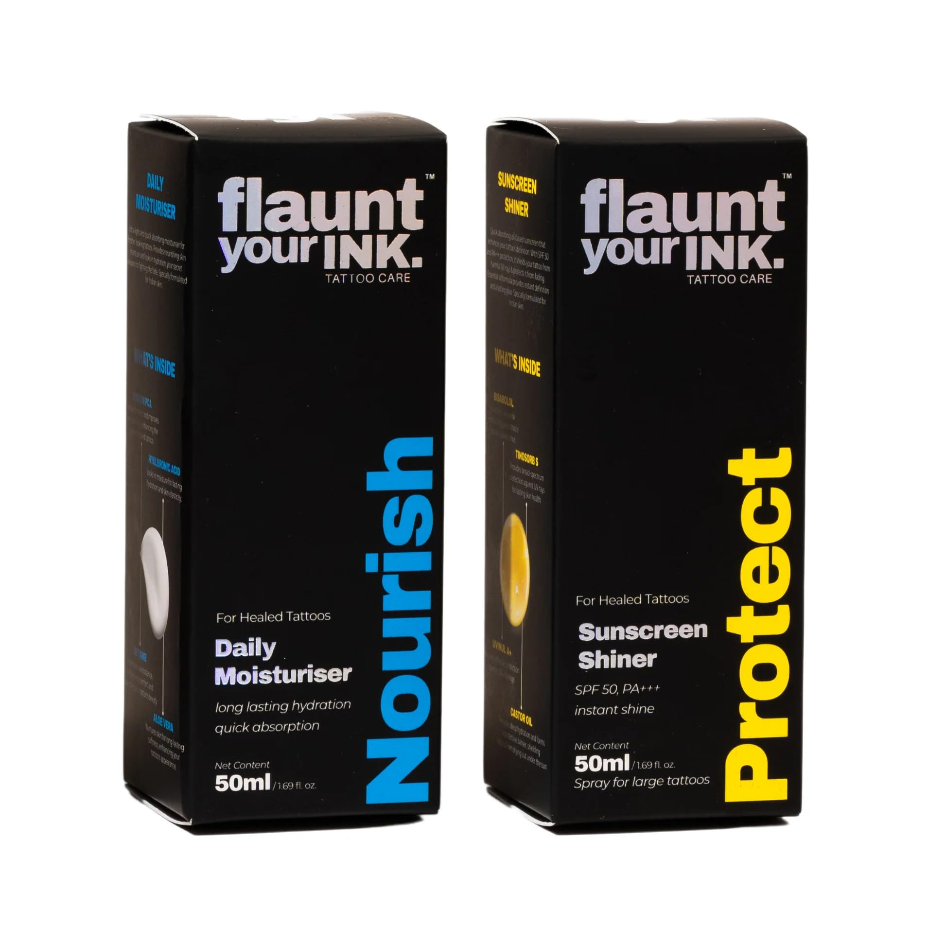 Flaunt Your Ink Tattoo Shiner Sunscreen SPF 50 PA+++ Protects Ink from Fading | Lightweight & Quick Absorbing | Enriched with Bisabolol & Vitamin E | For Inked & Non Inked Skin (Pack of 2)