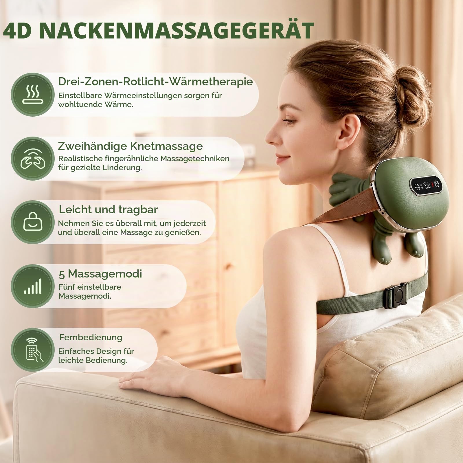 4D Nackenmassagegerät mit Wärme,Tragbares Massagegerät Nacken 5 Modi und 2 Heizstufen mit Fernbedienung Massagegerät Rücken für Zuhause, Büro & Reise