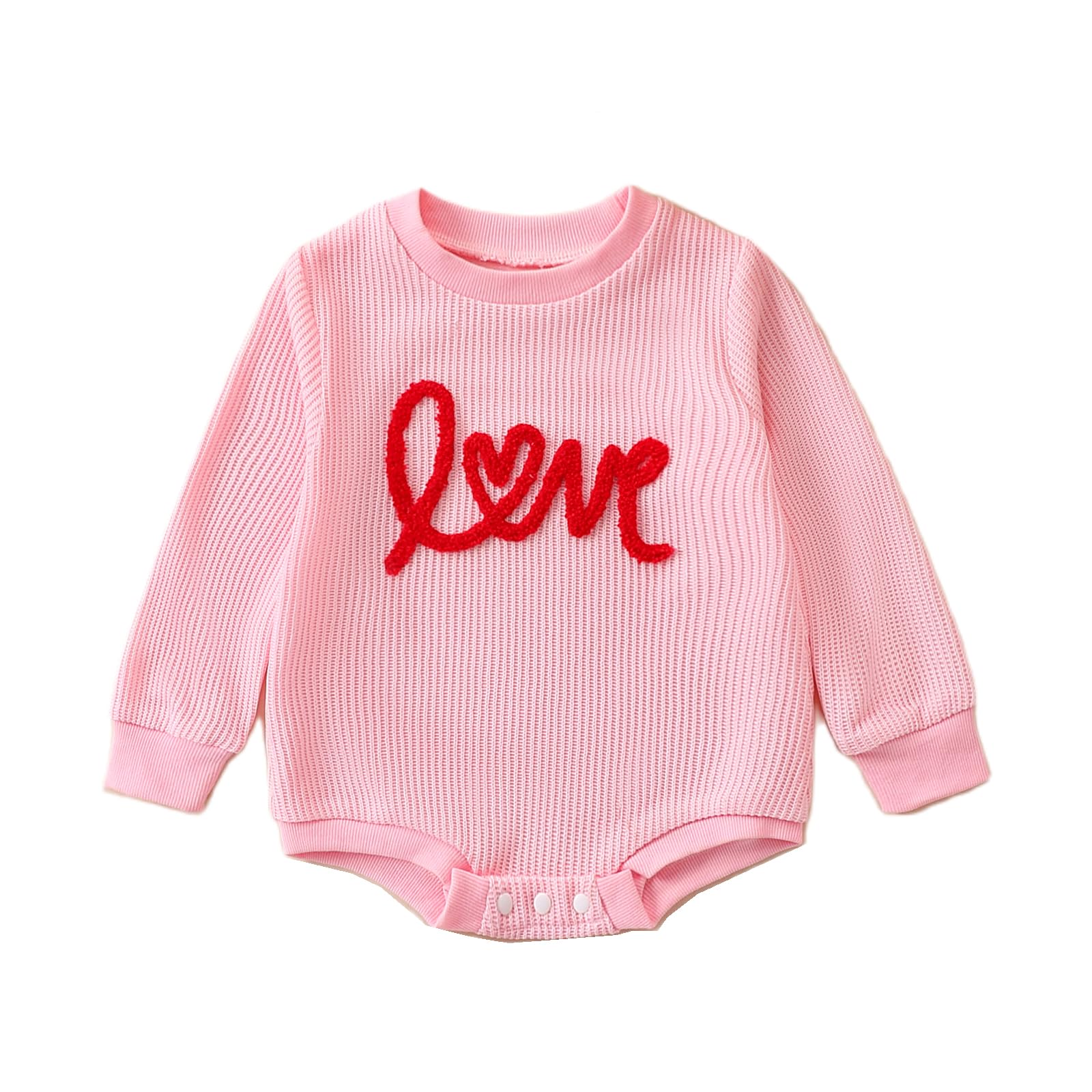 Amiblvowa Newborn Infant Baby Girl Oversized Sweatshirt Bubble Romper Crewneck Love Embroidery Bodysuit Valentines Day Outfit (Red Love Letter Print Pink, 6-9 Months)