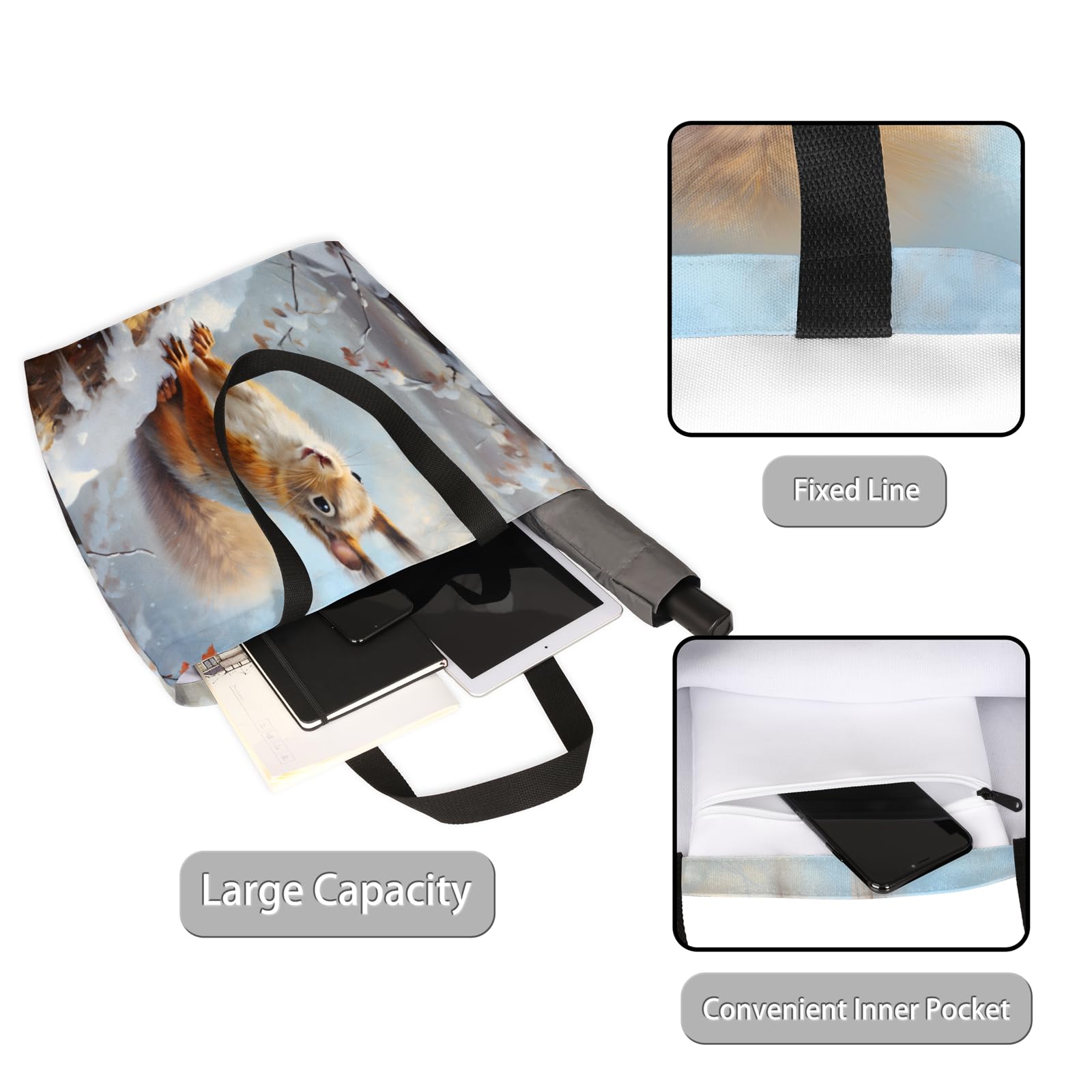 Mularoka Snow Squirrel Large Capacity Canvas Tote Bag Stylish Handheld Shoulder Bag Reusable Shopping Bag for Work Travel Beach Trips Shopping