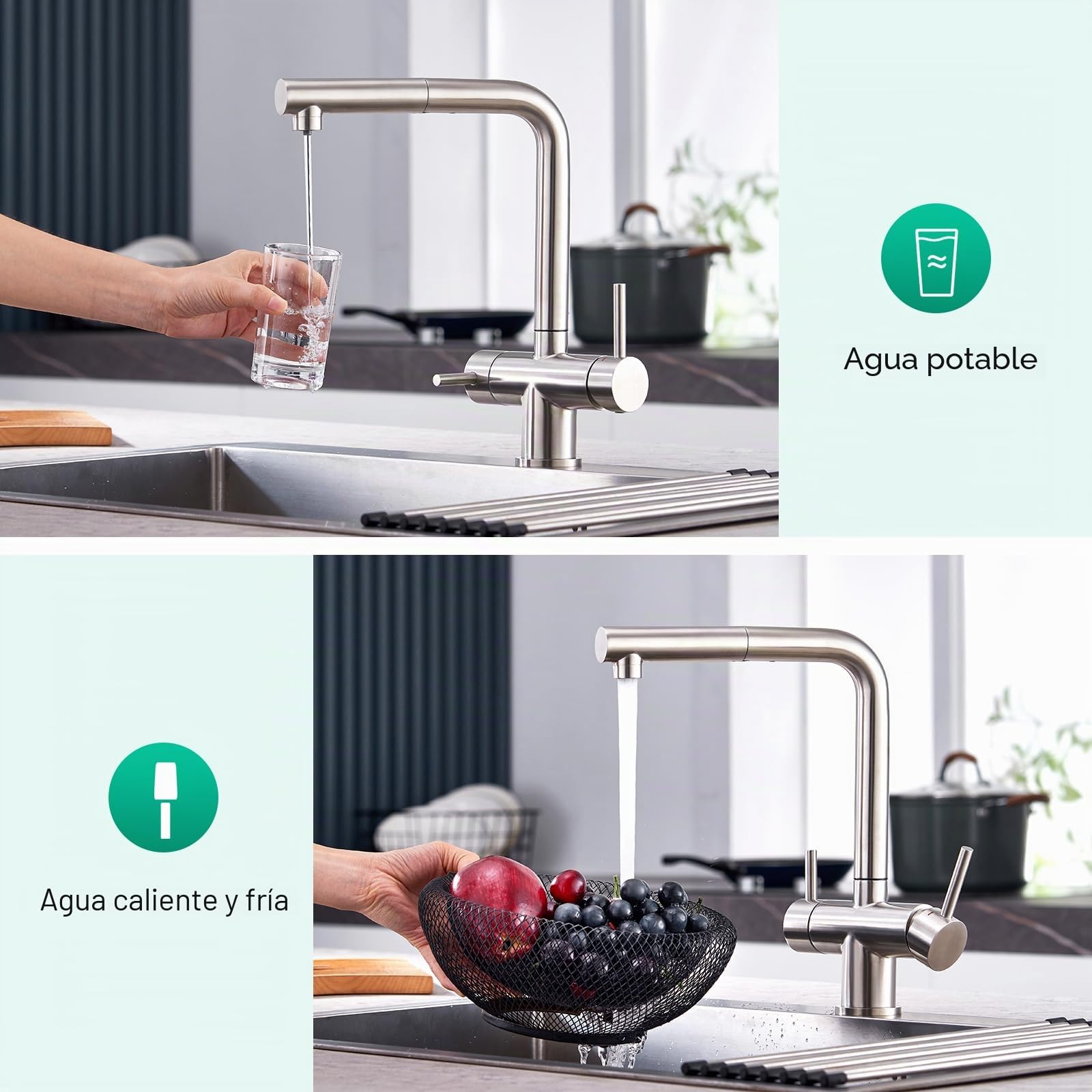 CREA Grifo de Cocina 3 Vías Osmosis con Ducha Extraíble, Giratorio 360°, Cepillado