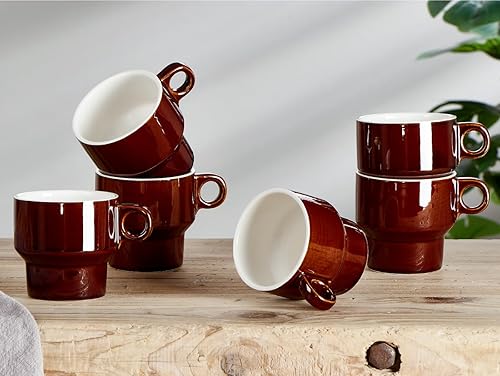 Miniatura 3 de ONEMORE Juego de 6 tazas de café apilables de 8 onzas, tazas demitasse apilables de cerámica con asa, perfectas para café, espresso, té, latte,