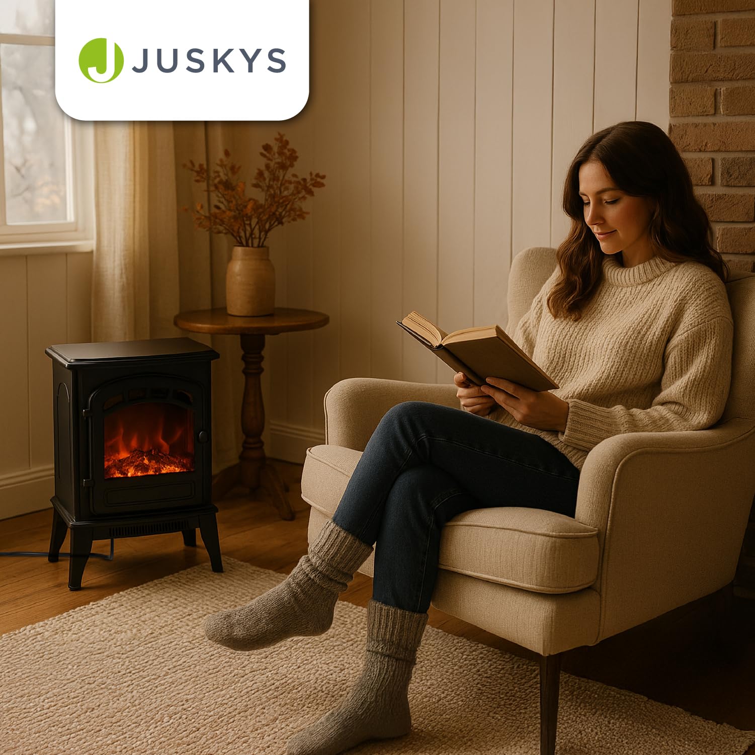 Juskys® Elektrokamin 2000 W — Schwarz, elektrischer Standkamin mit Flammeneffekt, 2 Heizstufen, Thermostat & Sicherheitsabschaltung für Wohnzimmer