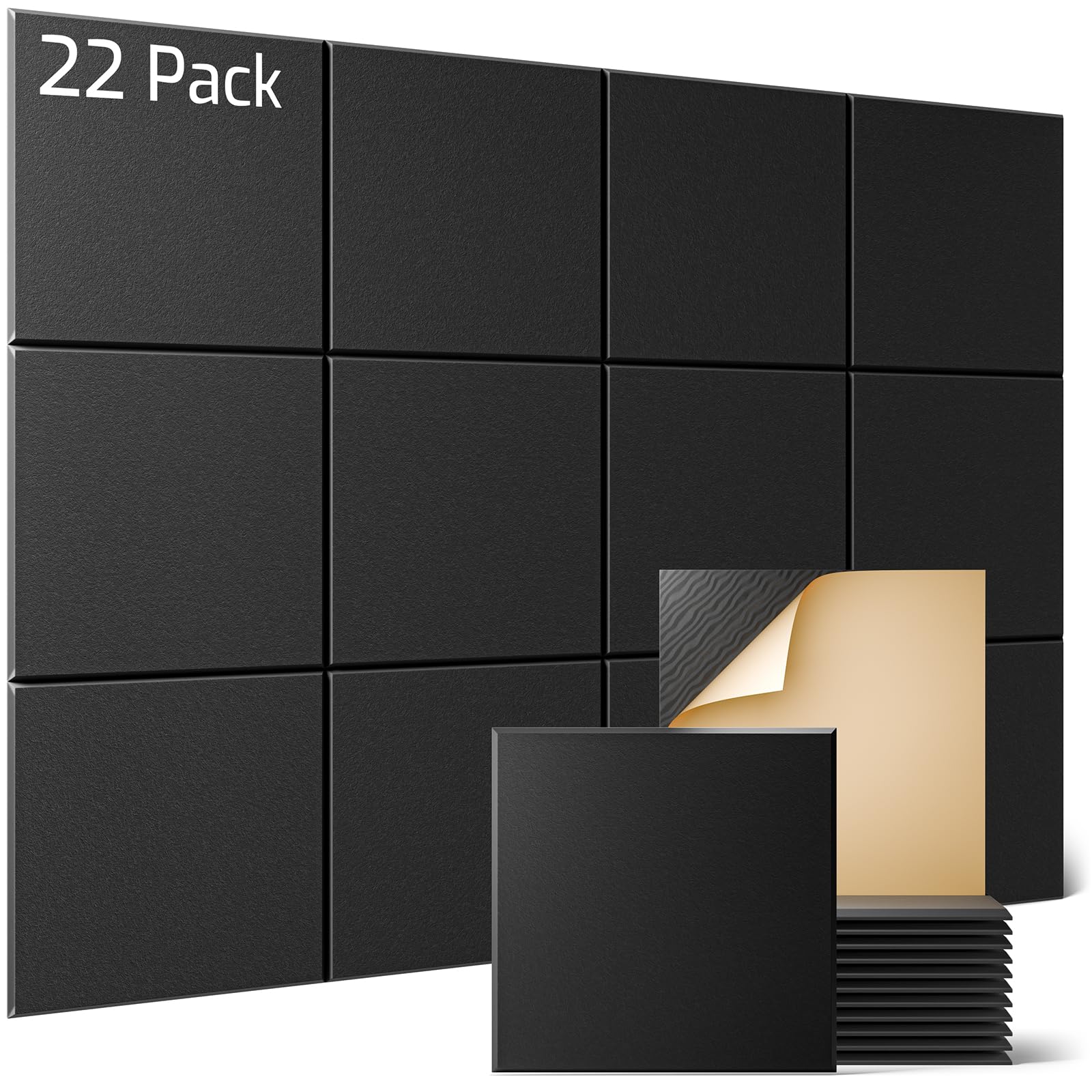 Sonicism 22 Pack Acoustic Wall Panels with Self-Adhesive, 12" X 12" X 0.4" Sound Proof Foam Panels, Decorative Soundproof Wall Panels, Sound Proof Absorbing Tiles for Home & Offices, Black