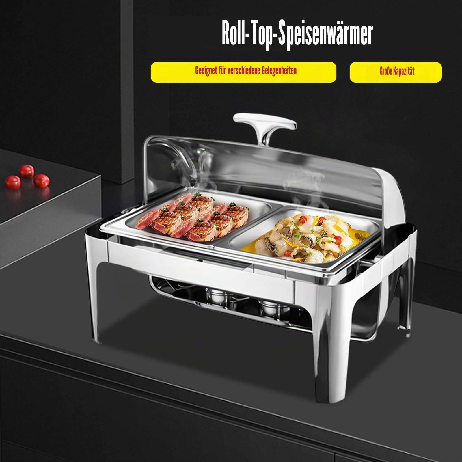 9l Edelstahl Speisenwärmer, Chafing Dish Mit Rolldeckel Speisenwärmer Warmhaltebehälter, Heizplatten Aus Rostfreiem Stahl für Catering Buffet und Party (635 X 440 X 440 mm)