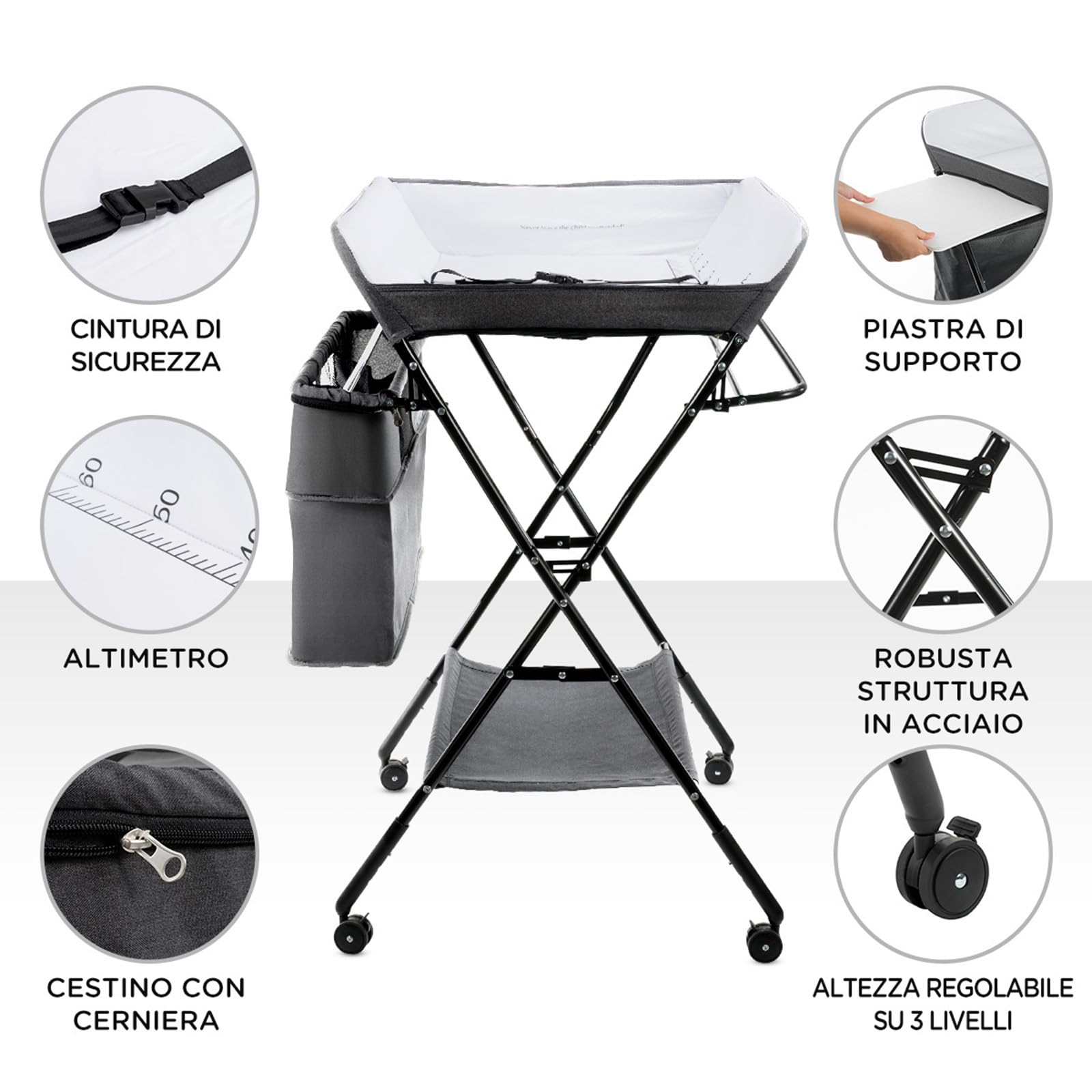 COSTWAY Fasciatoio Pieghevole Portatile, Bagnetto Cambio Pannolini per Bambini Neonati, con Ruote e Vaschetta, Altezza Regolabile 79.5x66x97-101 cm (Grigio)
