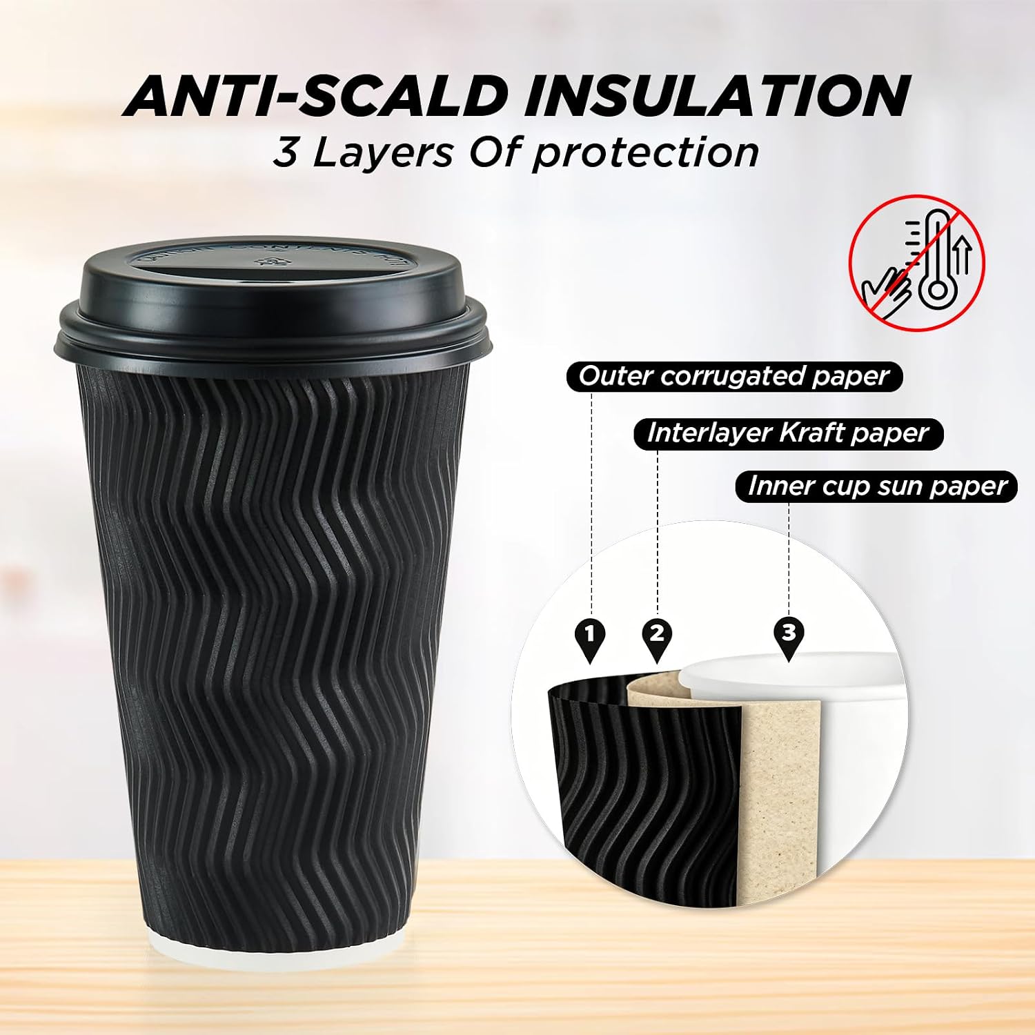 16oz Matte Black Double Wall Paper Cups, 50 Pack Disposable Drinking Cups Come with Lids and Straws, Corrugated Heat Protection Cups for Hot Coffee, Tea and Cold Beverages image 3