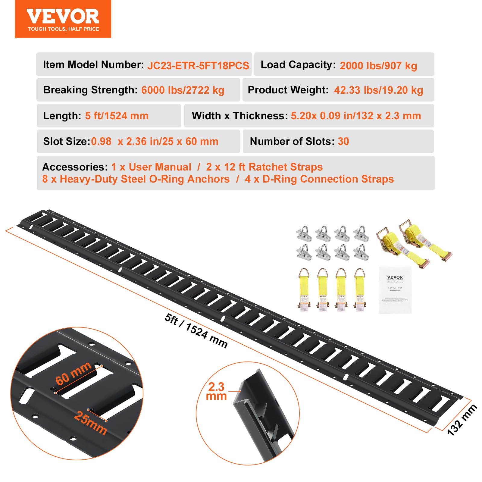 VEVOR E-Track-Zurrschienen-Set, 18-teilig, 1524 mm E-Tracks-Set, inkl. 4 Stahlschienen & 8 O-Ring-Anker & 4 Zurrgurte mit D-Ring & 2 Ratschengurten, Sicherungszubehör für Lastenmotorräder, 907 kg