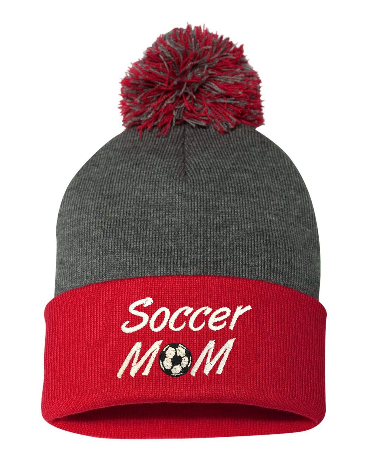 Go All Out One Size Dark Heather Grey/red Pom Soccer Mom Embroidered Knit Beanie Pom Cap