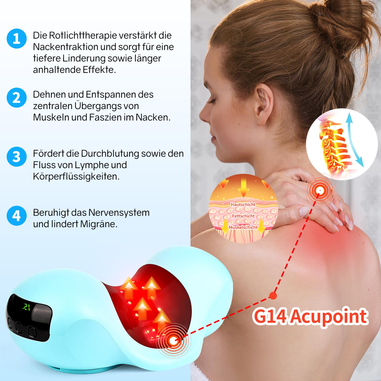 Nackenstrecker mit Wärmetherapie & Rotlichttherapie 660 nm & 850 nm, Verspannungen und Steifheit im Nacken lösen, mit 2 Polsterkissen, Nacken Traktionsgerät für Personen mit Nackenermüdung
