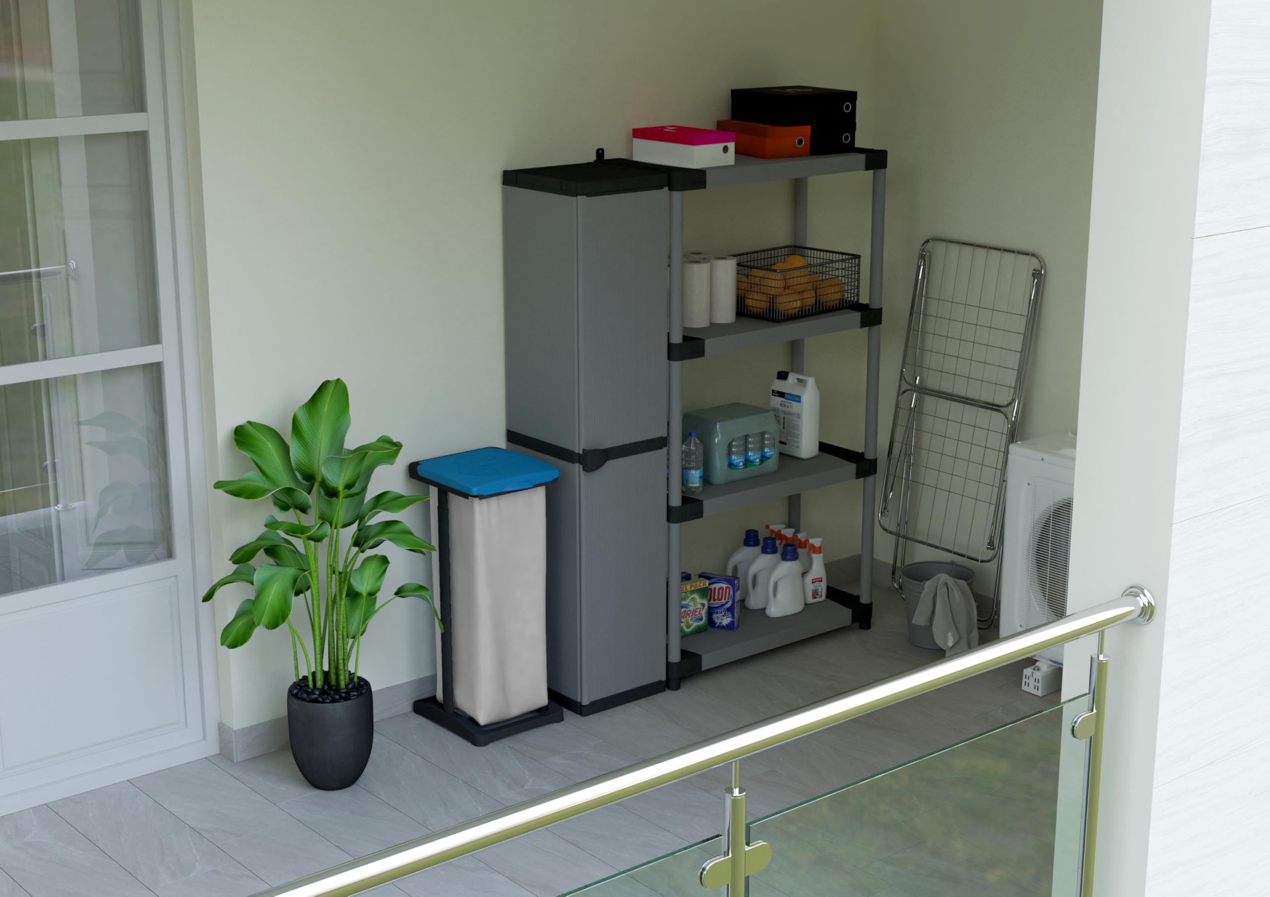 Adventa Armoire résine PVC PP 1 porte 3 étagères modulaire 34x40x165 cm Gris