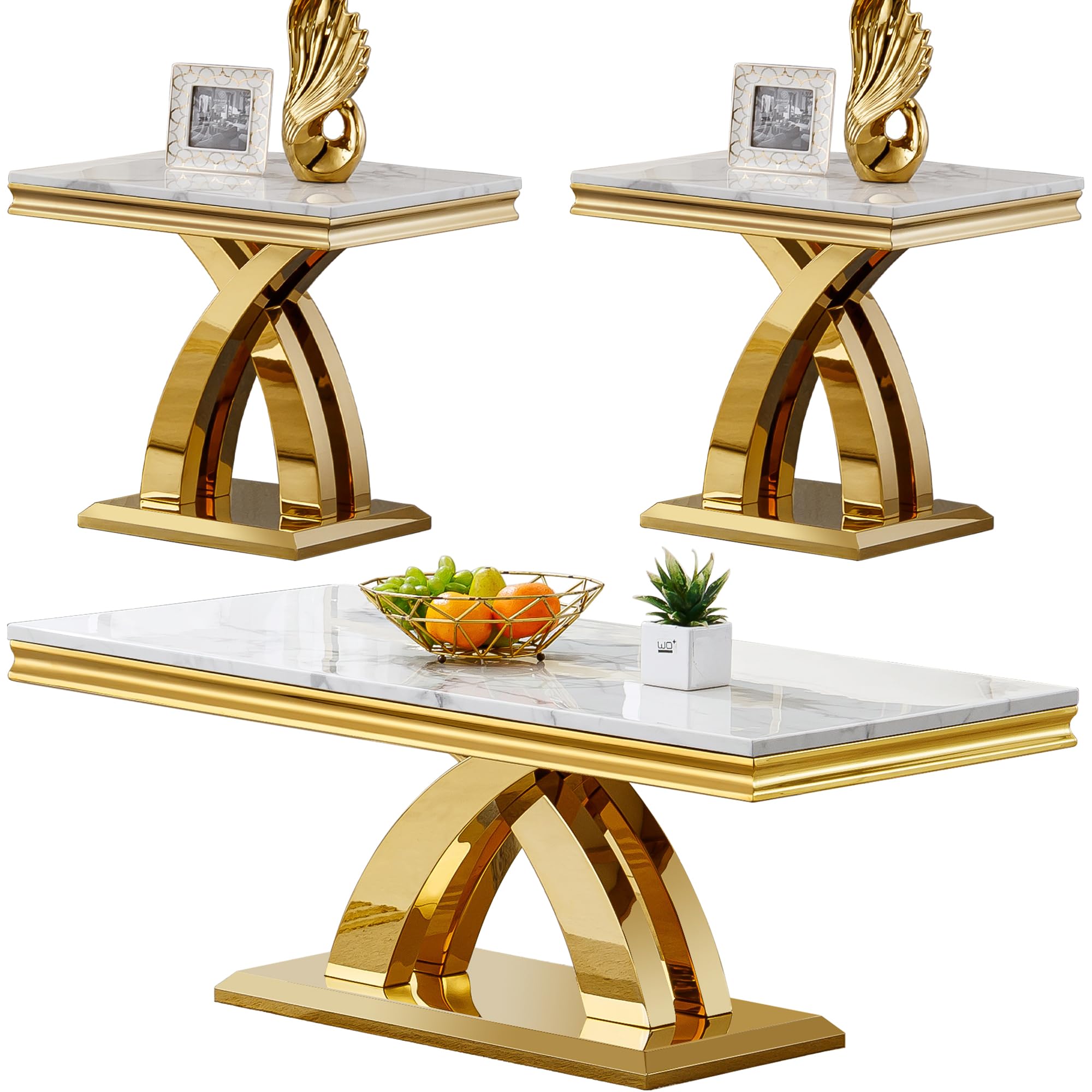 Maotifeys White Marble Coffee Table Set of 3, Modern Coffee Table and 2 Marble End Tables with Gold Stainless Steel X-Base, Faux Marble 3 Piece Living
