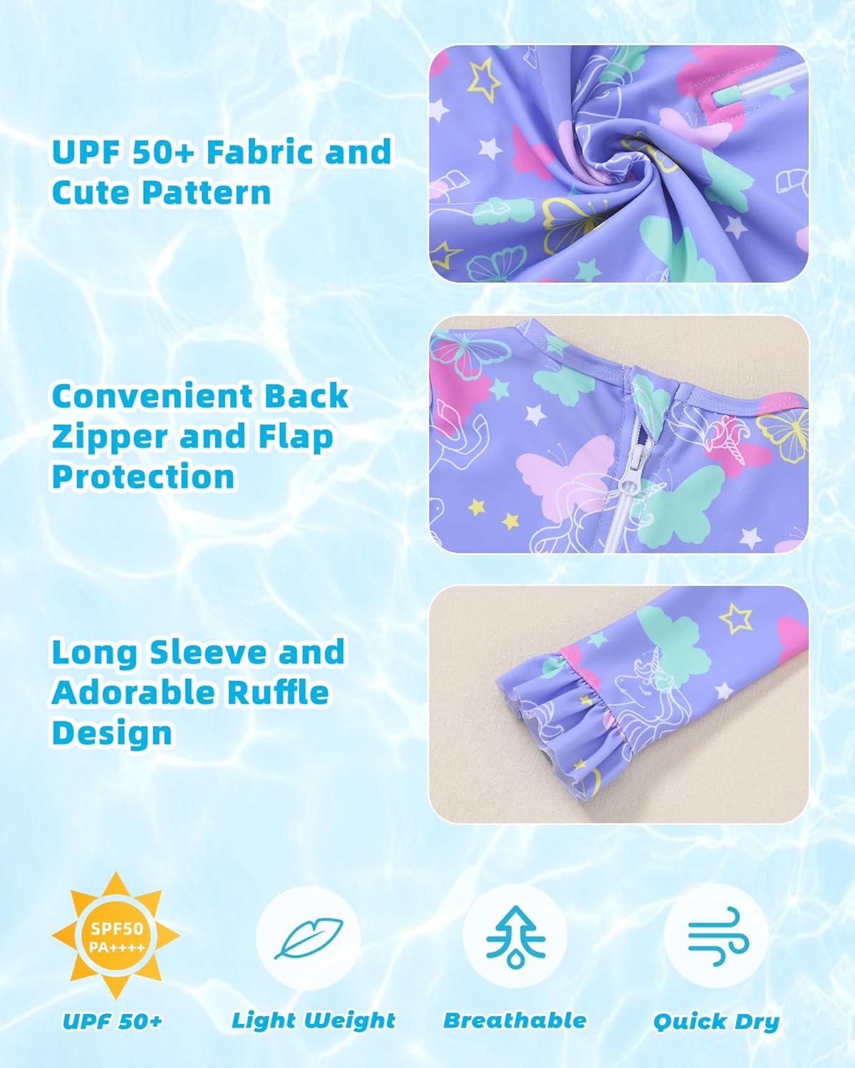 Girls One Piece Swimsuits Long Sleeve Ruffle Zipper Bathing Suit Cute Kids UPF 50+ Rashguard Swimwear 1-6 Years - Image 3