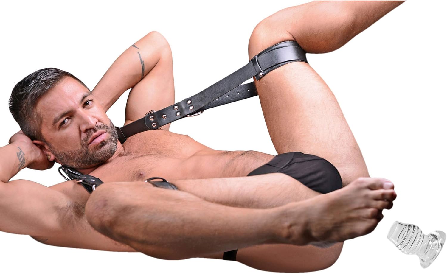 Spread Me Open Thigh Harness with Hollow Anal Plug – Adjustable Leg Restraint with Built-in Butt Plug and Neck Brace – BDSM Gear for Deep Penetration Play