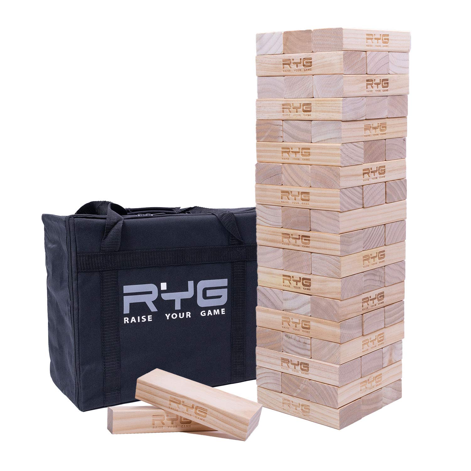 Giant Wooden Tower (Stacks to a Maximum of 5 feet), Large Tumbling Block Timbers, Wood Stacking Game Jumbo Backyard Set with Carrying Case