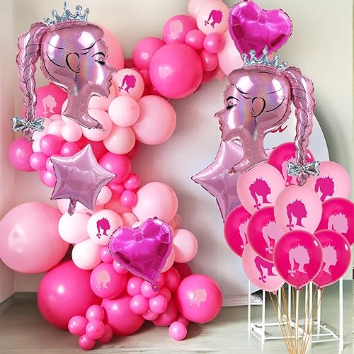 Miniatura 6 de 30 globos de papel de aluminio de princesa rosa intenso, globos de estrella de corazón rosa, cabeza de niña, kit de globos de látex para