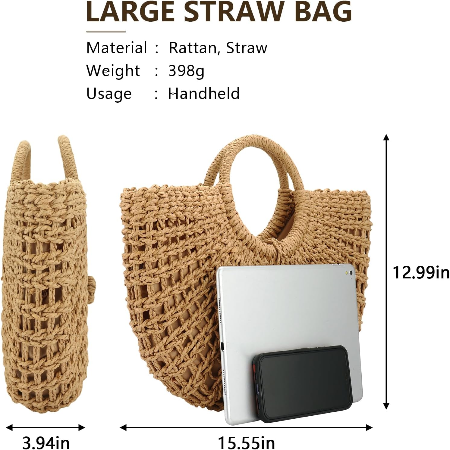 FENBEN Straw Hobo Bags for Women Round Beach Purse Large Woven Bag Vacation Handbag Khaki - Image 5