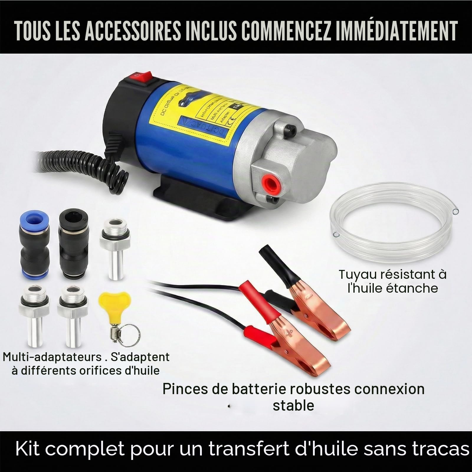 Pompe d'aspiration d'huile, 12 V 100 W, pompe d'aspiration électrique, pompe de vidange d'huile, pompe à diesel 2-3 l/min, pompe de transfert d'huile moteur électrique portable avec 3 tuyaux, pour