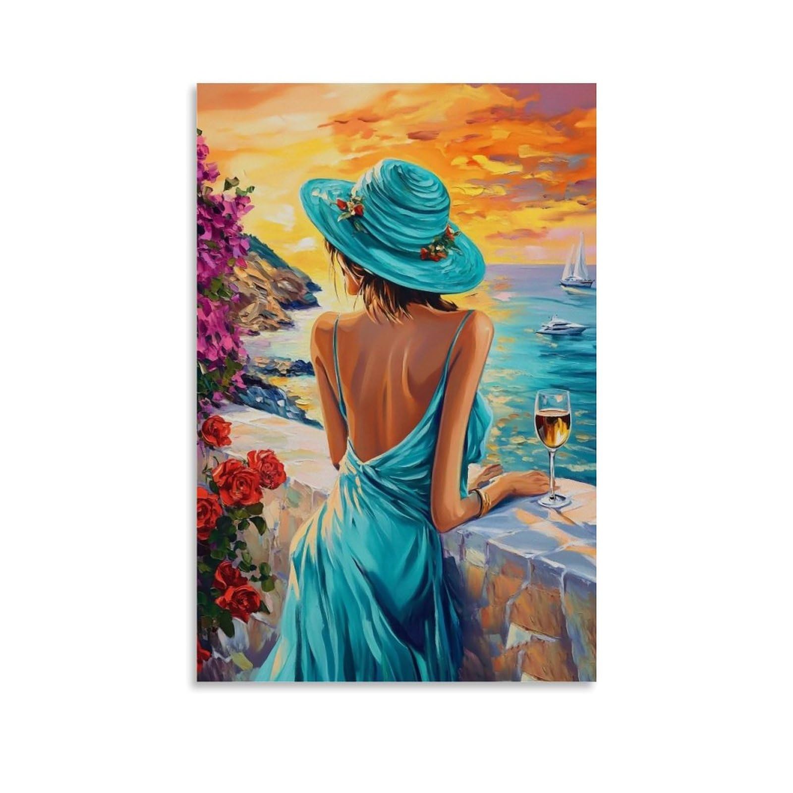 HUERYRYHY Sunset Wine on Mediterranean Terrace 04 Poster Wall Art Canvas Vintage Aesthetic Painting Decor for Rooms 20x30inch Unframe-style