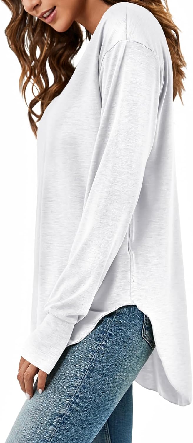 Tankaneo Womens Deep V Neck Tunic Tops Long Sleeve Oversized Casual Loose Fit Curved Hem T Shirts - Image 4