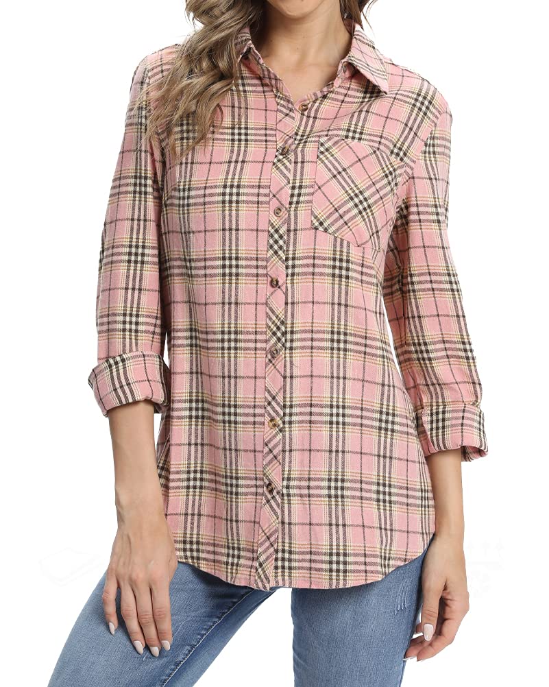 fuinlothWomen's Checked Shirts Flannel Button Down Shirt Plaid Long Sleeve Cotton Blouse Top with Pocket