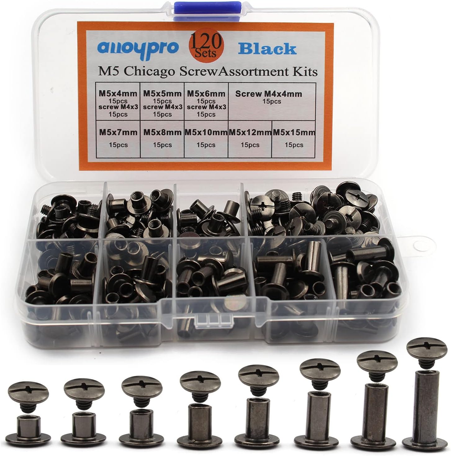 120Pcs Black Chicago Screws Assorted Kit 8Size Gun Metal Leather Rivets 3/16" Screw Rivet Phillip Head Book Binding Posts Nail Rivet Chicago Bolt for DIY Leather Craft (M5x4/5/6/7/8/10/12/15)