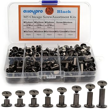 120Pcs Black Chicago Screws Assorted Kit 8Size Gun Metal Leather Rivets 3/16" Screw Rivet Phillip Head Book Binding Posts Nail Rivet Chicago Bolt for DIY Leather Craft M5x4/5/6/7/8/10/12/15