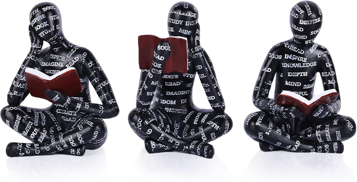 3 Pcs Reading Figurines Modern Bookshelf Decor - White Thinker Sculptures for Home Office Shelf, Living Room, Coffee Table Desk Decoration, Resin Abstract Pulp Reader Statues, Bookish Decor Gifts