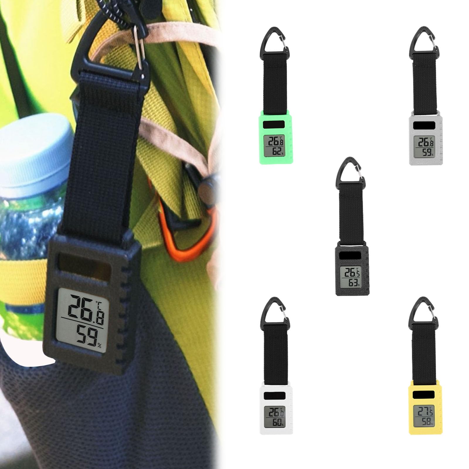 HTU Termometro tascabile con moschettone, misuratore di temperatura e umidità, display del sensore, strumento da viaggio e alpinismo ultraleggero da 30 g, ciondolo per veicolo, portachiavi-Bianco-10 p