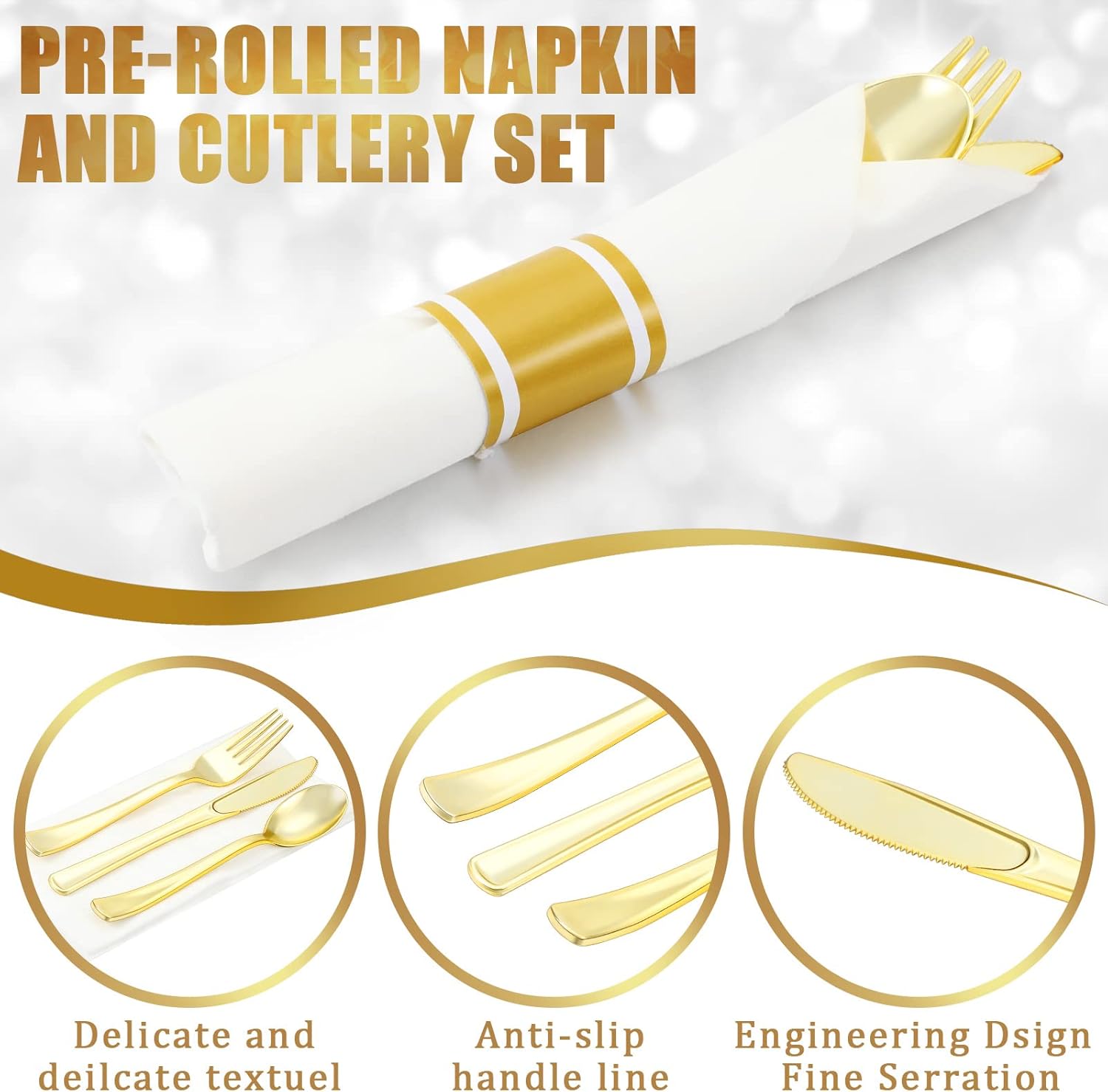 Lasnten 125 Pack Plastic Silverware Pre Rolled Napkins with Cutlery Disposable Cutlery Set Includes 125 Forks, 125 Knives, 125 Spoons, 125 Napkins for Catering Parties Dinners Weddings(Gold)