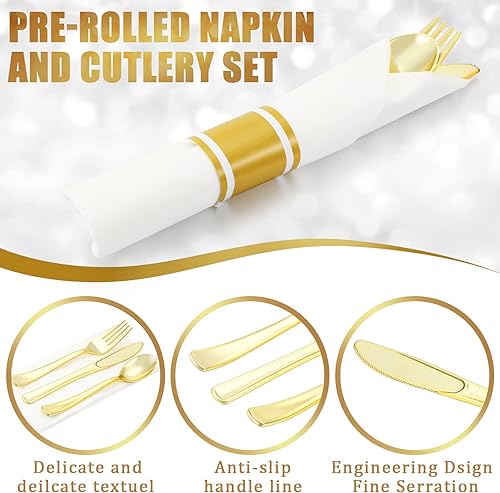 Miniatura 3 de Lasnten Paquete de 125 servilletas de plástico preenrolladas con cubiertos, juego de cubiertos desechables, incluye 125 tenedores, 125 cuchillos,