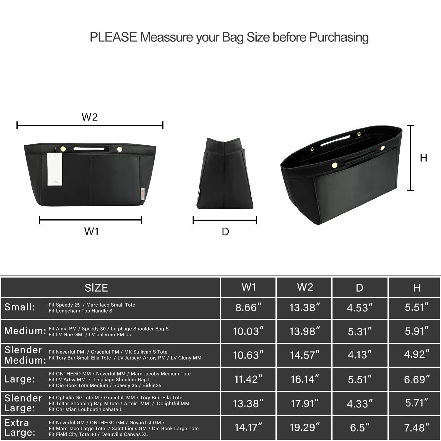 ZTUJO Organizador de bolso para bolso y moldeador de bolsas, inserto organizador de bolsa para Speedy Neverful, 6 tamaños (XL, negro sedoso)