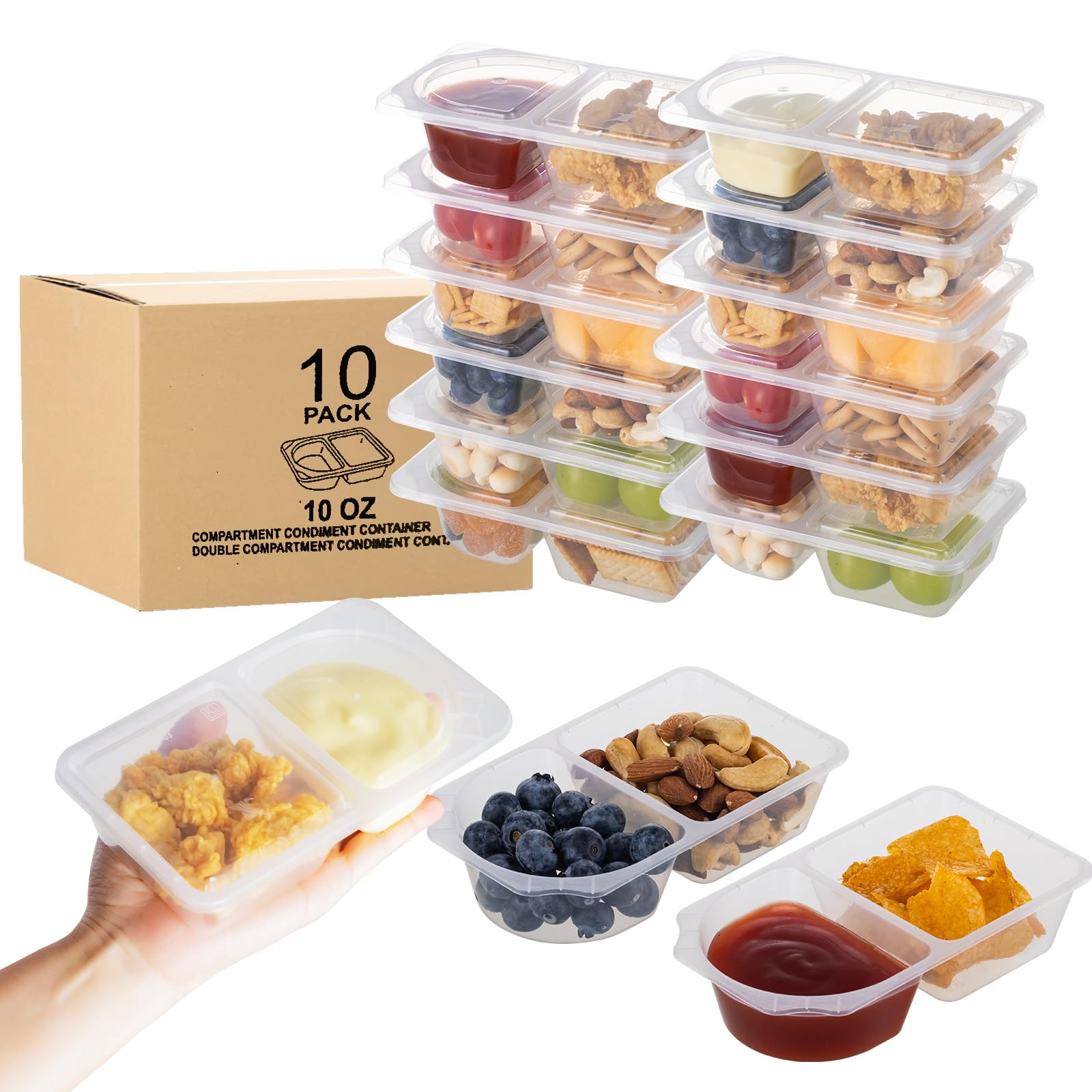 TAIHUIMY 9oz Reusable Snack Containers with Lids for Kid, New 3 Compartment Large Capacity Condiment Portion Control Meal Prep Containers for School lunch, Go out Travel, Party (10 oz (10pcs))