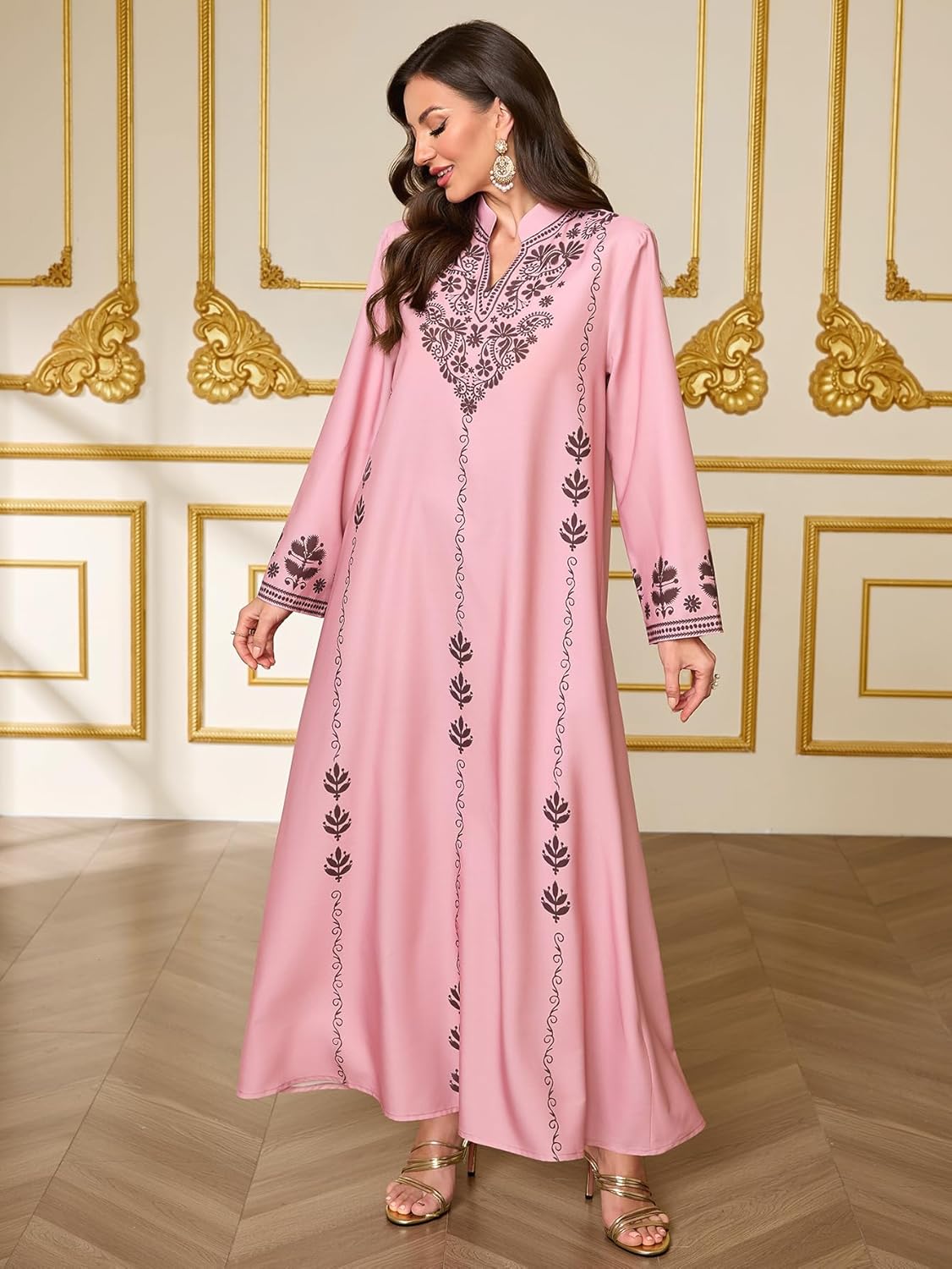 Muslim Moroccan Kaftan Abaya for Women with Floral Border Print Dubai Robe Ramadan Prayer Dress Islamic Traditional Wear