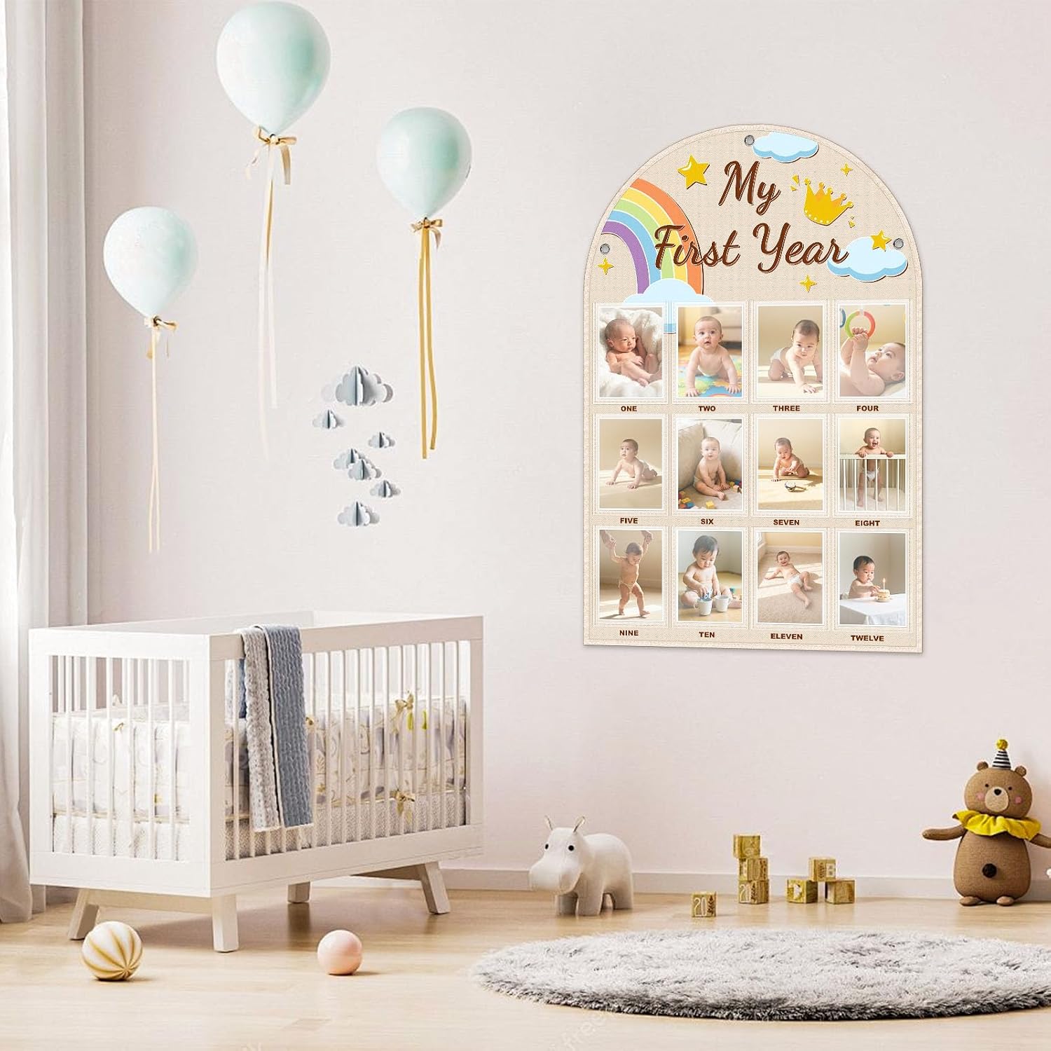 Baby Monthly Photo Board – First Year Milestone Frame with 12 Month Sign, Neutral Nursery Decor, 1st Birthday Photo Prop for Baby Girl Boy, Month by Month Picture Display Keepsake