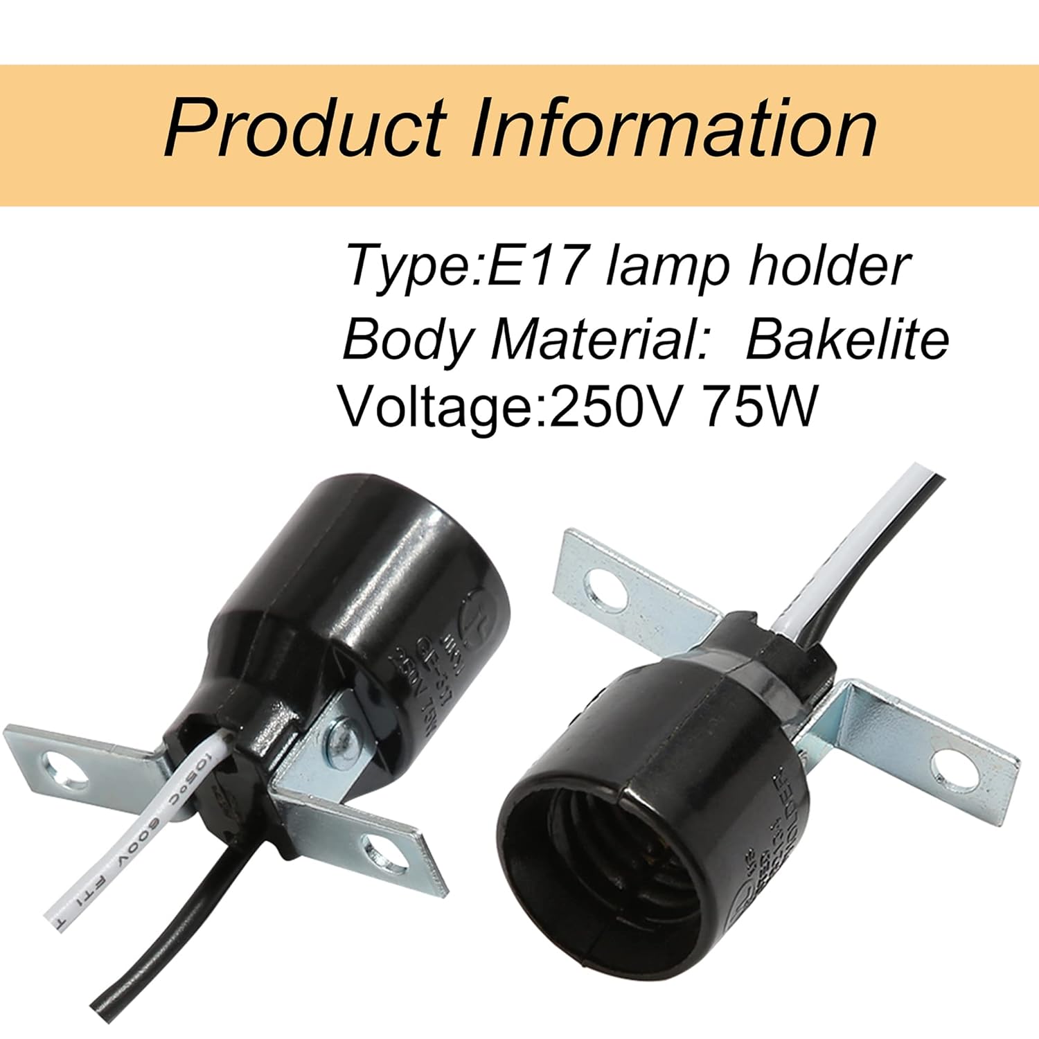 FINELED E17 Intermediate Base Keyless Phenolic Socket,US Standard Lamp Holder with 4 Inch Length Wire,Mounting Brackets for E17 Chandelier Base led, Incandescent Bulbs, Black (3 Pack)