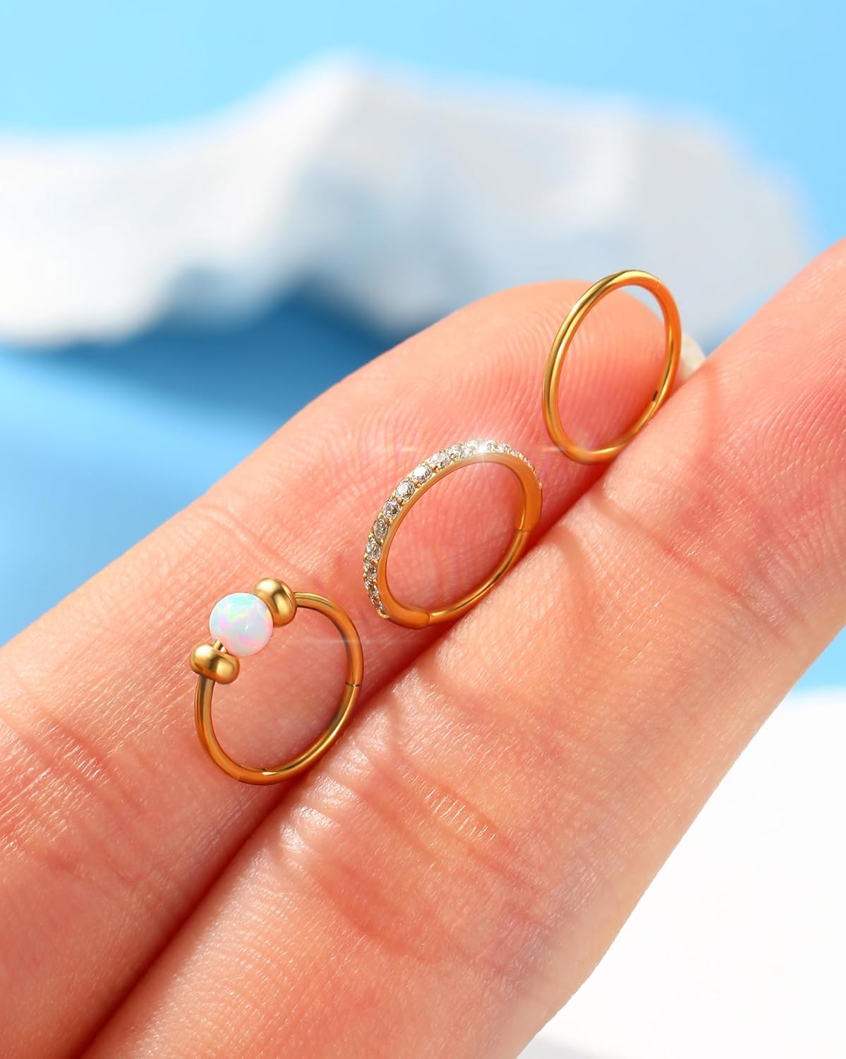 Jewseen 20G 3PCS Nose Rings Hoops 316L Surgical Steel Opal Nose Rings for Women 8mm/10mm Septum Rings Clear CZ Daith Helix Tragus Conch Piercing Jewelry Cartilage Earring - Image 4