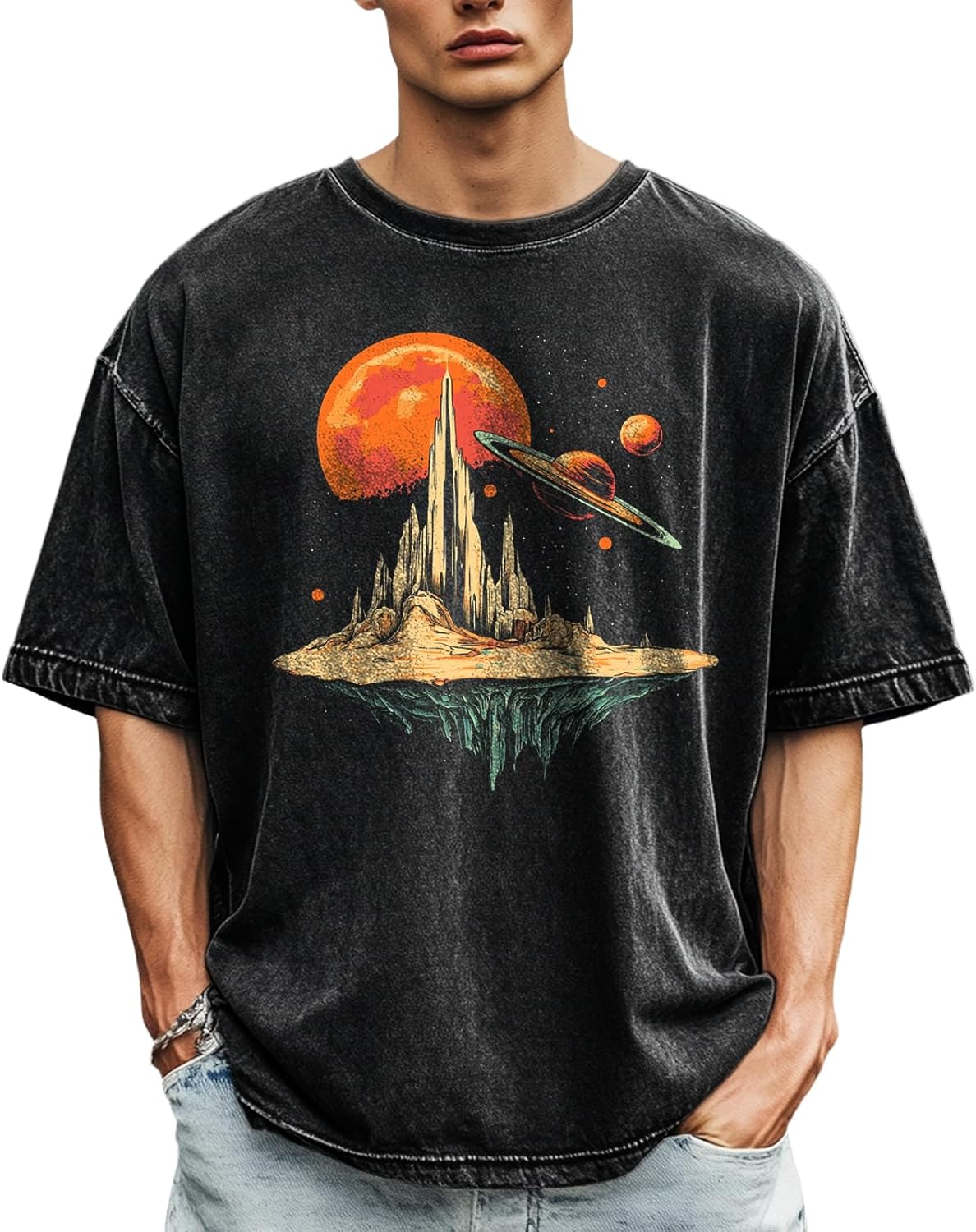 Cotton Shirts for Men Graphic Tees Loose Casual Short Sleeve Acid Washed T-Shirts Summer Crewneck Tops
