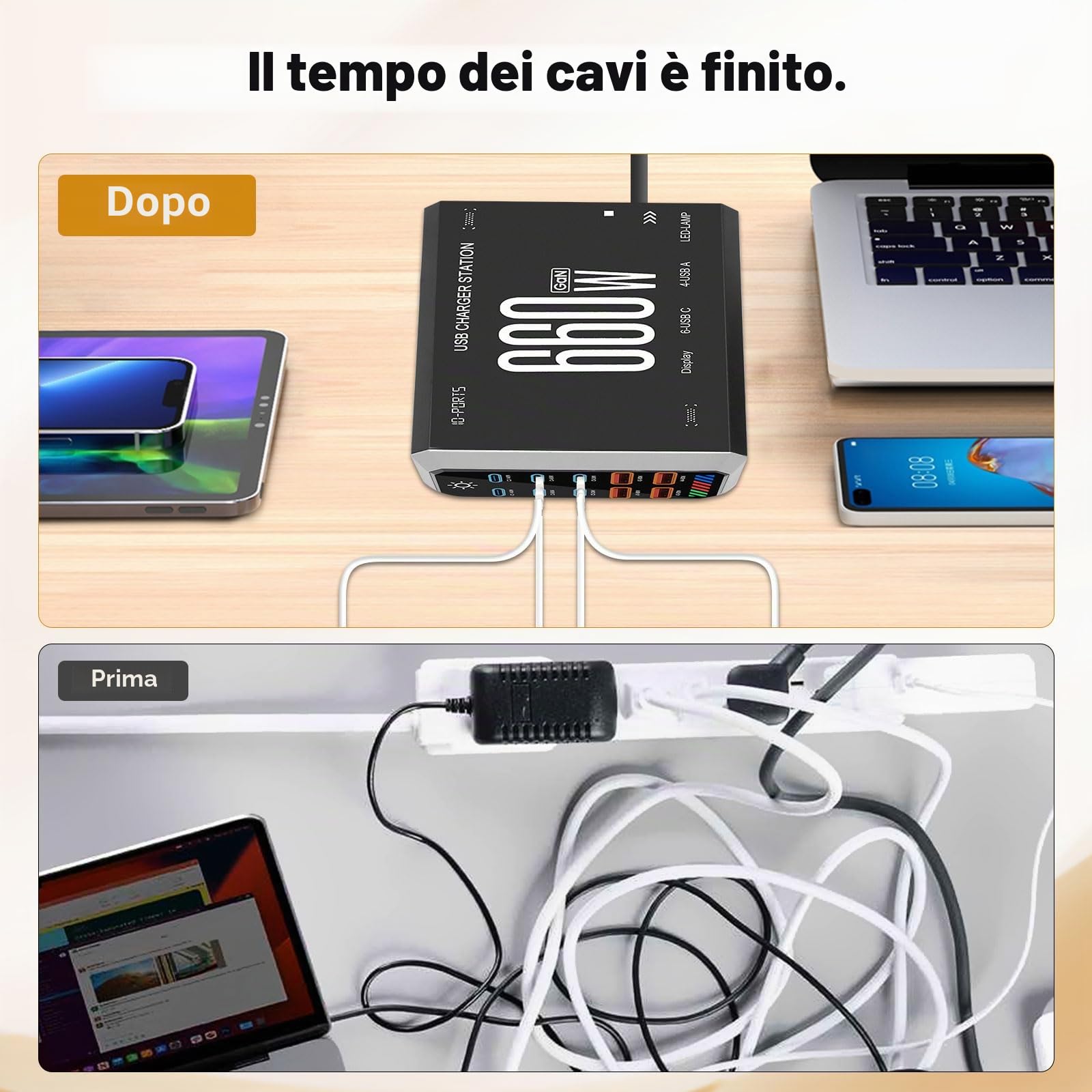 660W Caricatore USB Multiplo - 10 Porte (6 USB-C + 4 USB-A) con Ricarica Rapida, Stazione di Ricarica Compatta per Multi Dispositivi, Compatibile con MacBook, iPad, iPhone, Galaxy S22/S20, DELL, HP