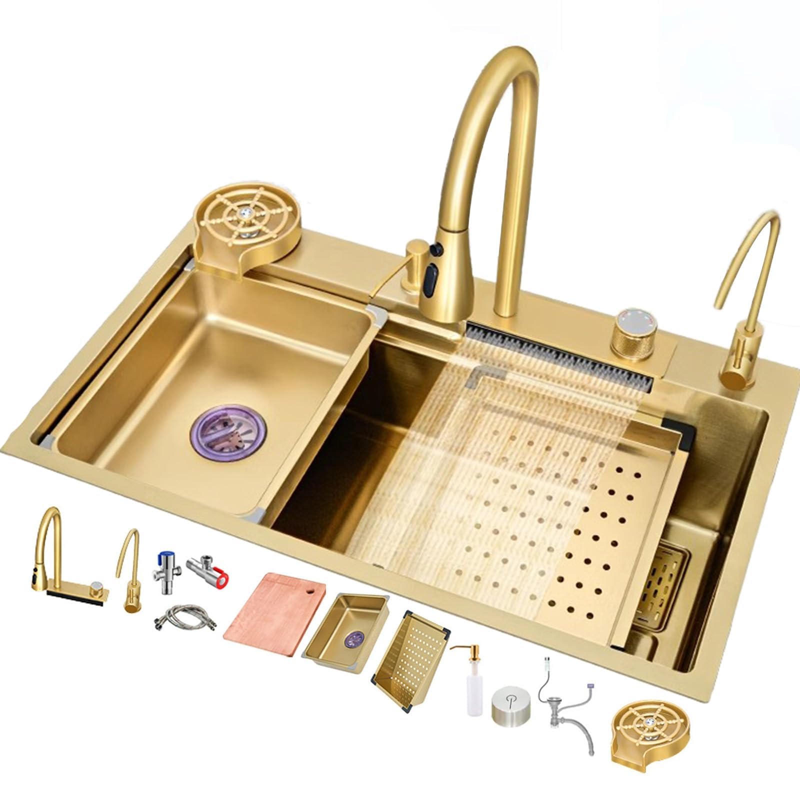 YADZISW Stainless Steel Kitchen Sink with Waterfall Faucet Single Bowl Multi Function in Gold Black & White Complete Accessories Included (75x45cm)