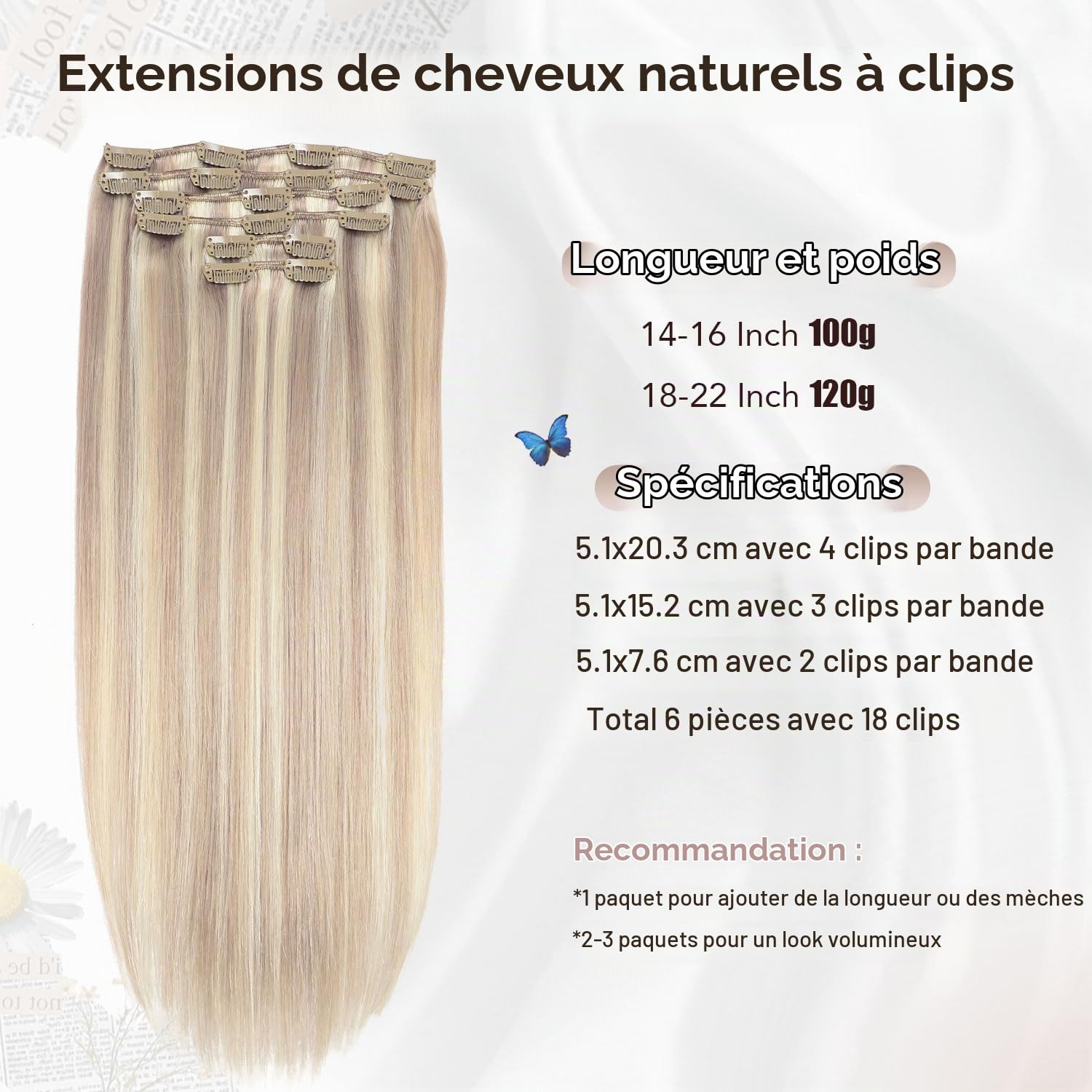 XDhair Extension Cheveux Naturel Clip 6pcs 100g 40cm