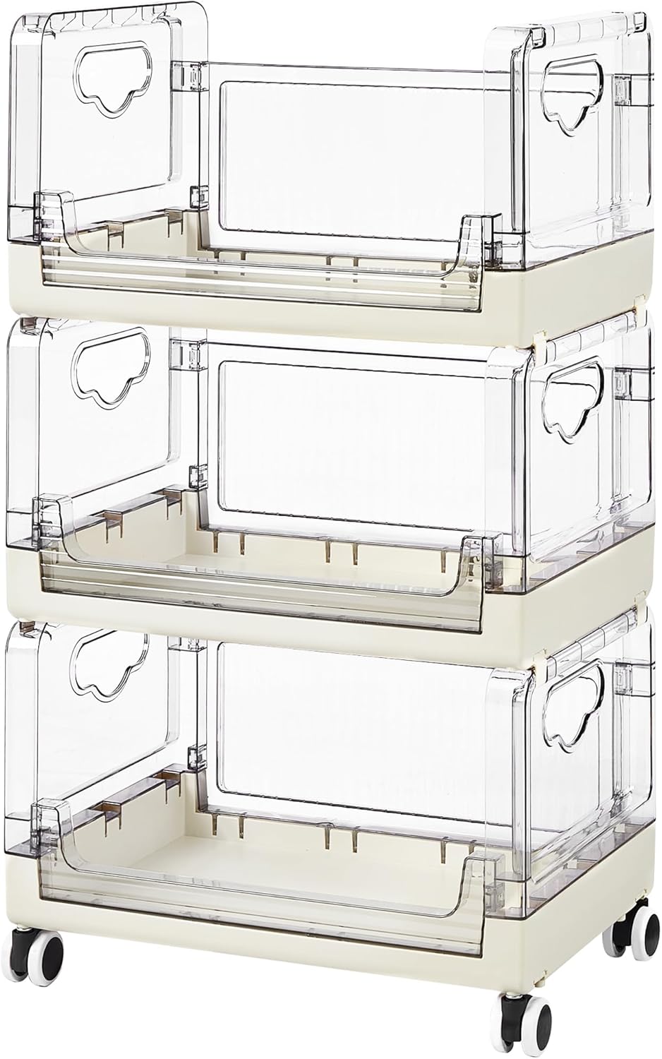 VECELO 3-Tier Fruit and Vegetable Basket, Stackable Kitchen Storage Organization with Wheels, Plastic Rolling Cart with Handles, Wide Open for Kitchen, Pantry, Living Room