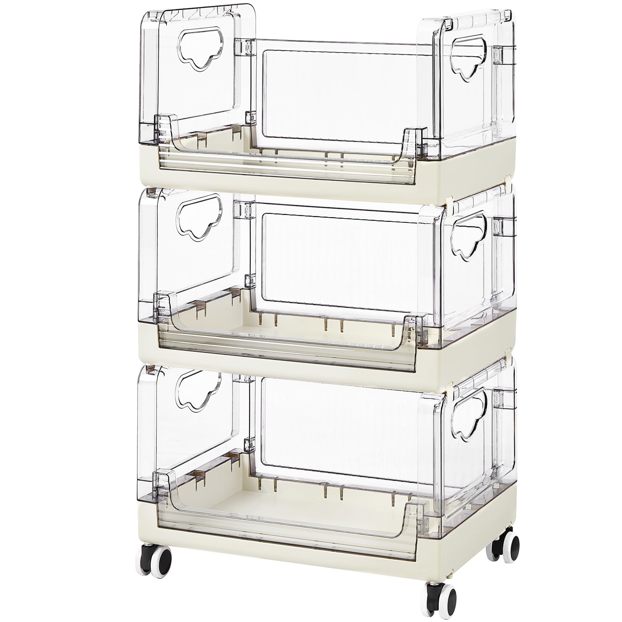 VECELO 3-Tier Fruit and Vegetable Basket, Stackable Kitchen Storage Organization with Wheels, Plastic Rolling Cart with Handles, Wide Open for Kitchen, Pantry, Living Room