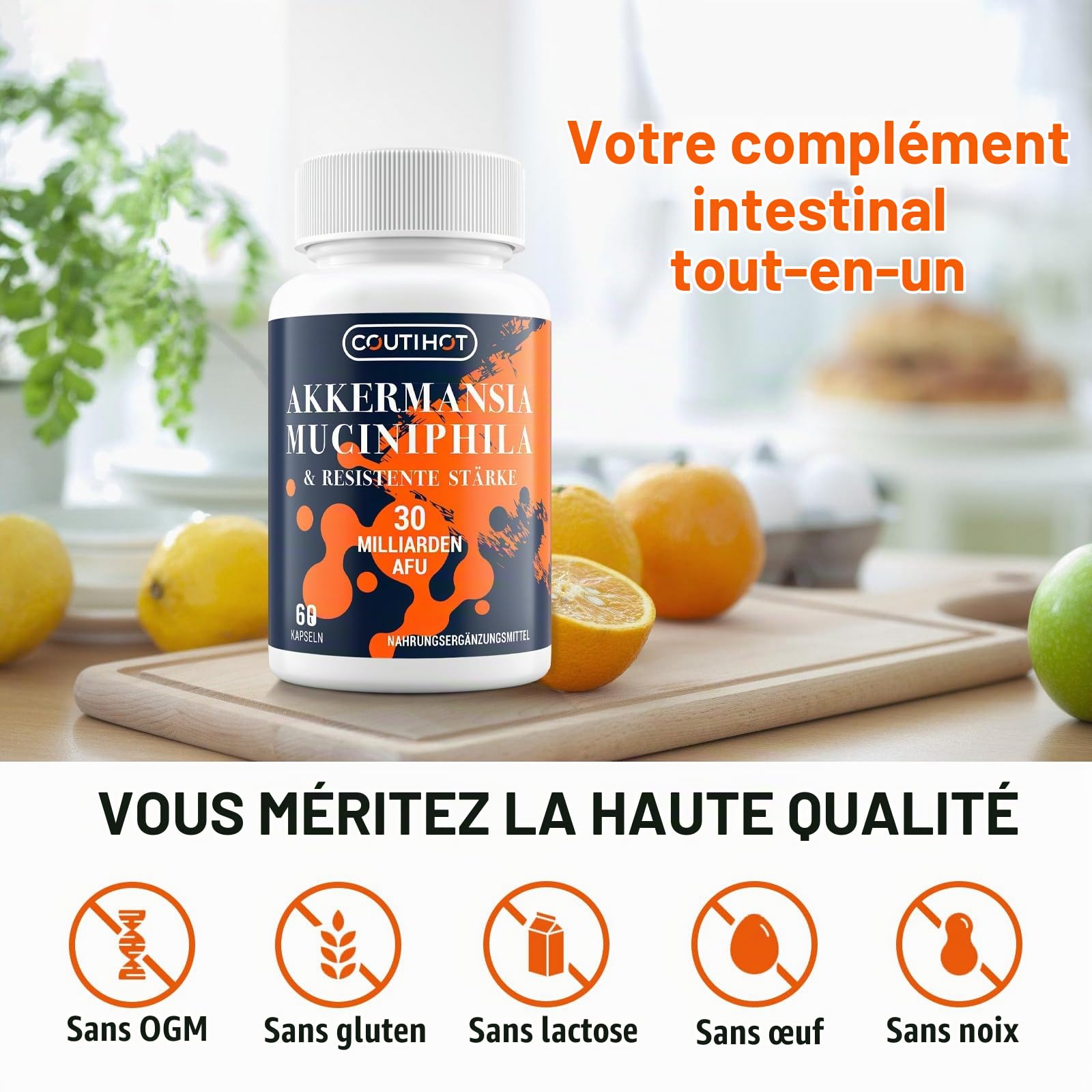 Akkermansia Muciniphila 30 Billion AFU - Enhanced with Resistant Starch | Formule sans OGM et sans gluten pour les femmes et les hommes - 120 capsules à libération retardée