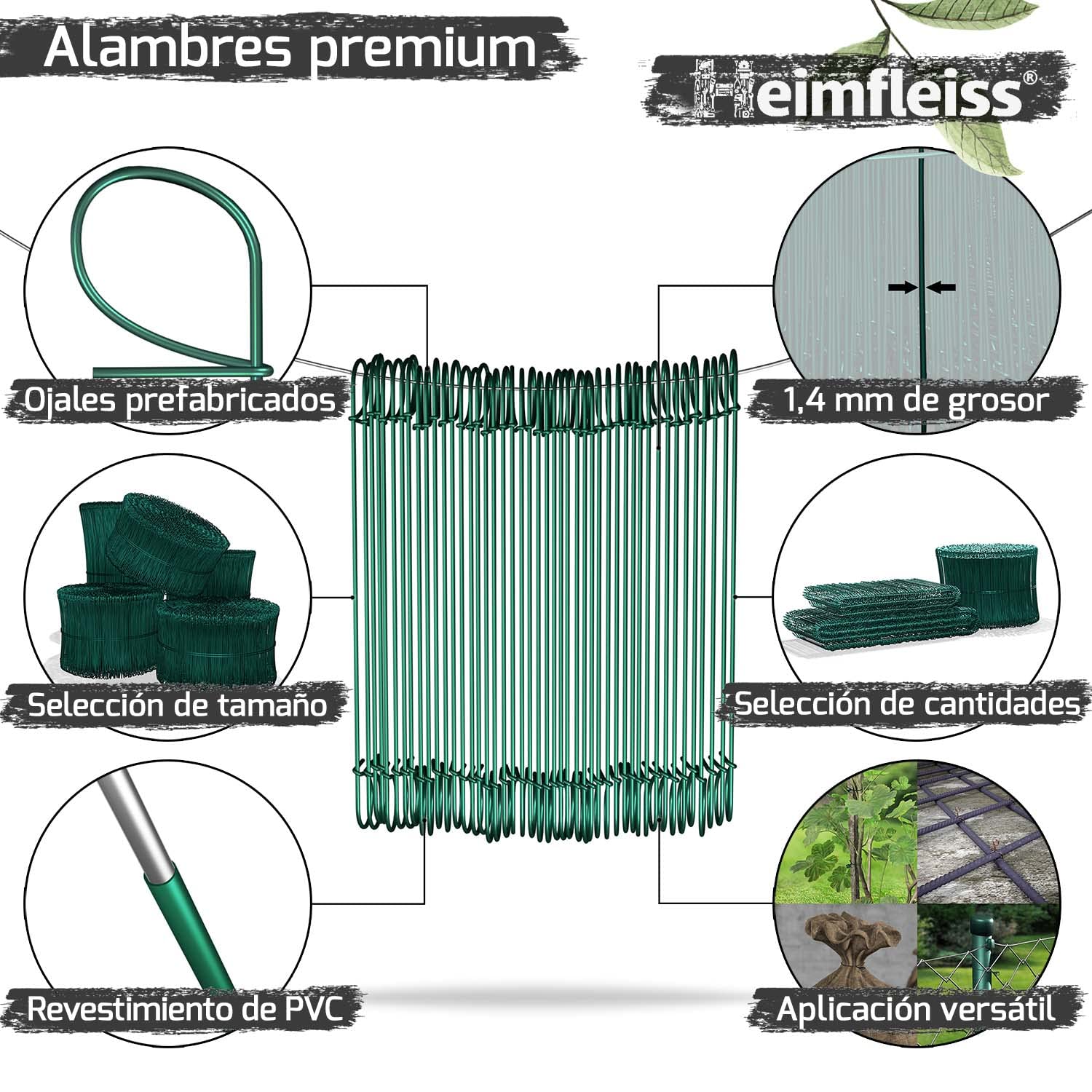 Heimfleiss® atadora alambre + alambre revestido de PVC 1,4 x 100-300mm (1000 uds.) - Set trenzador alambre, amarrador de alambre y alambre de sujeción - Atador alambre, alambre de torsión de ojal