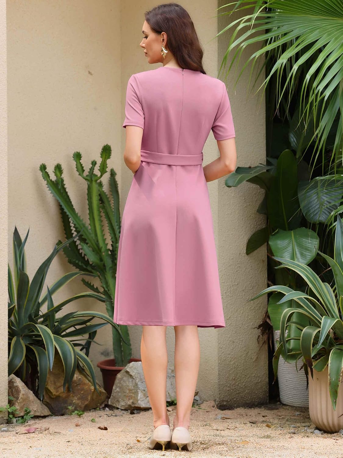 Hobemty Women's A-Line Dress Short Sleeve Split Neck Midi Dresses with Belted